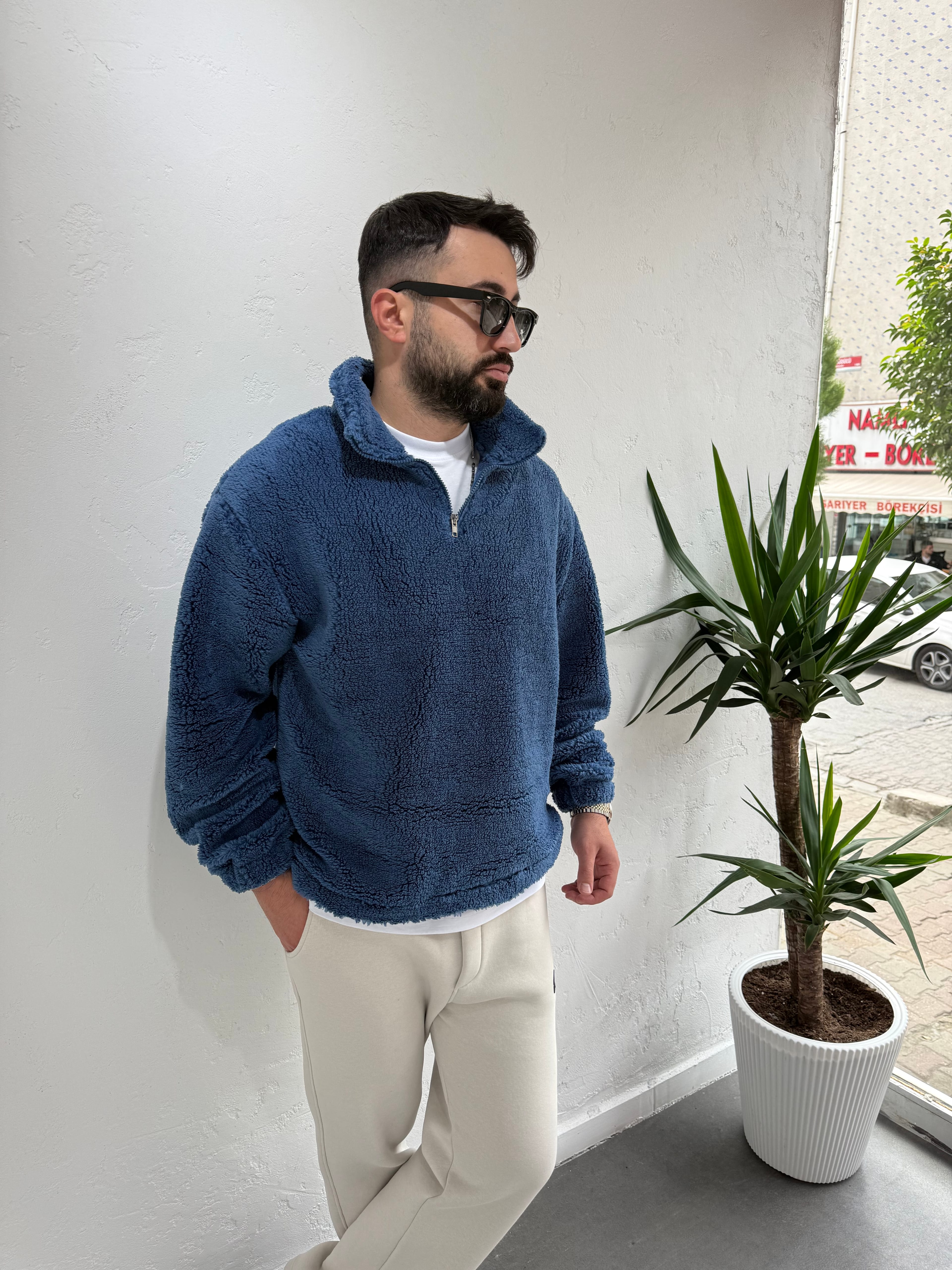 Fermuarlı Peluş Sweatshirt Saks Mavi