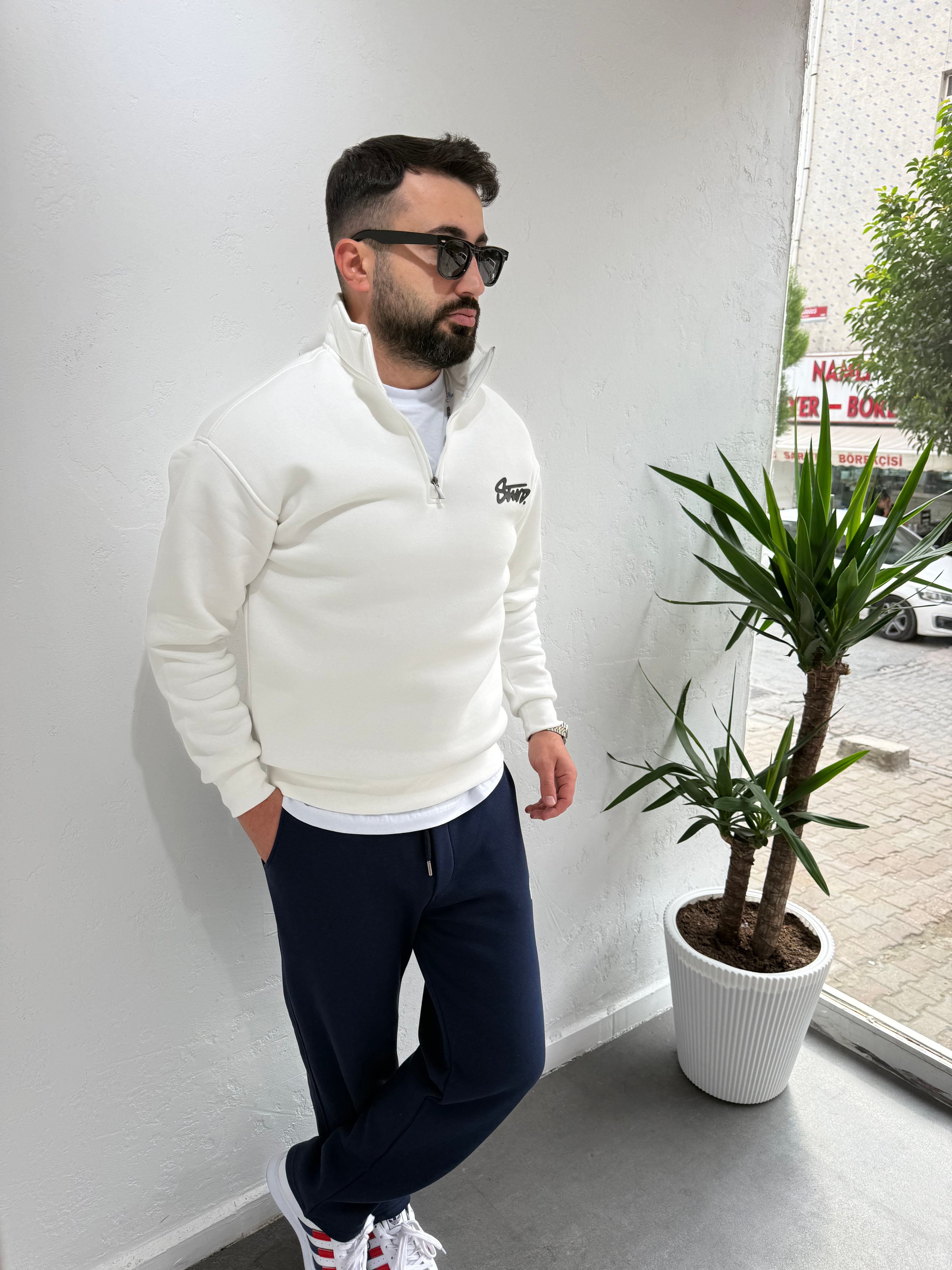 STWD Cotton Fermuarlı Sweatshirt Beyaz