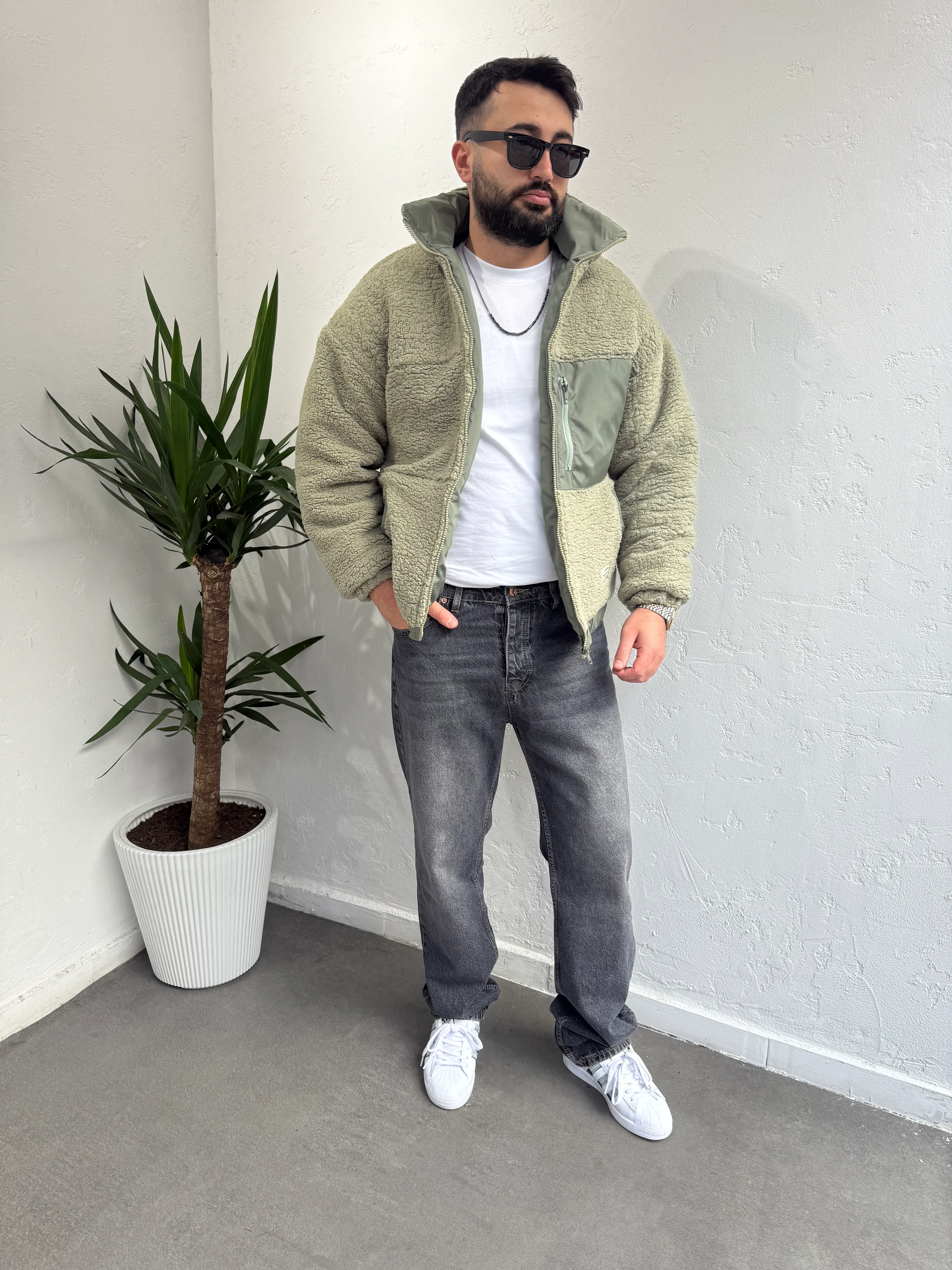 Premuim Paraşüt Cep Detaylı Peluş Mont Çağla Yeşili