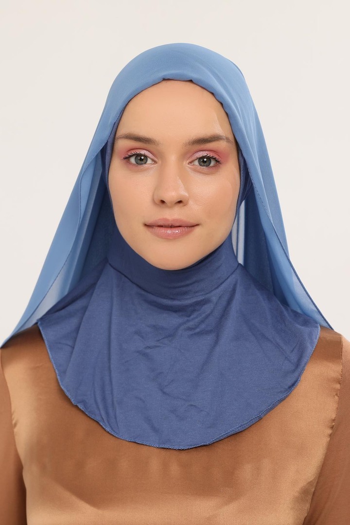 Ready-to-Wear Chiffon Shawl with Bonnet - Denim