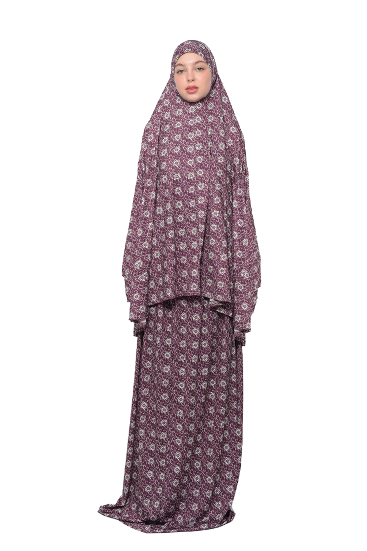 Two-Piece Sun Pattern Prayer Dress with Batwing Sleeves - Burgundy