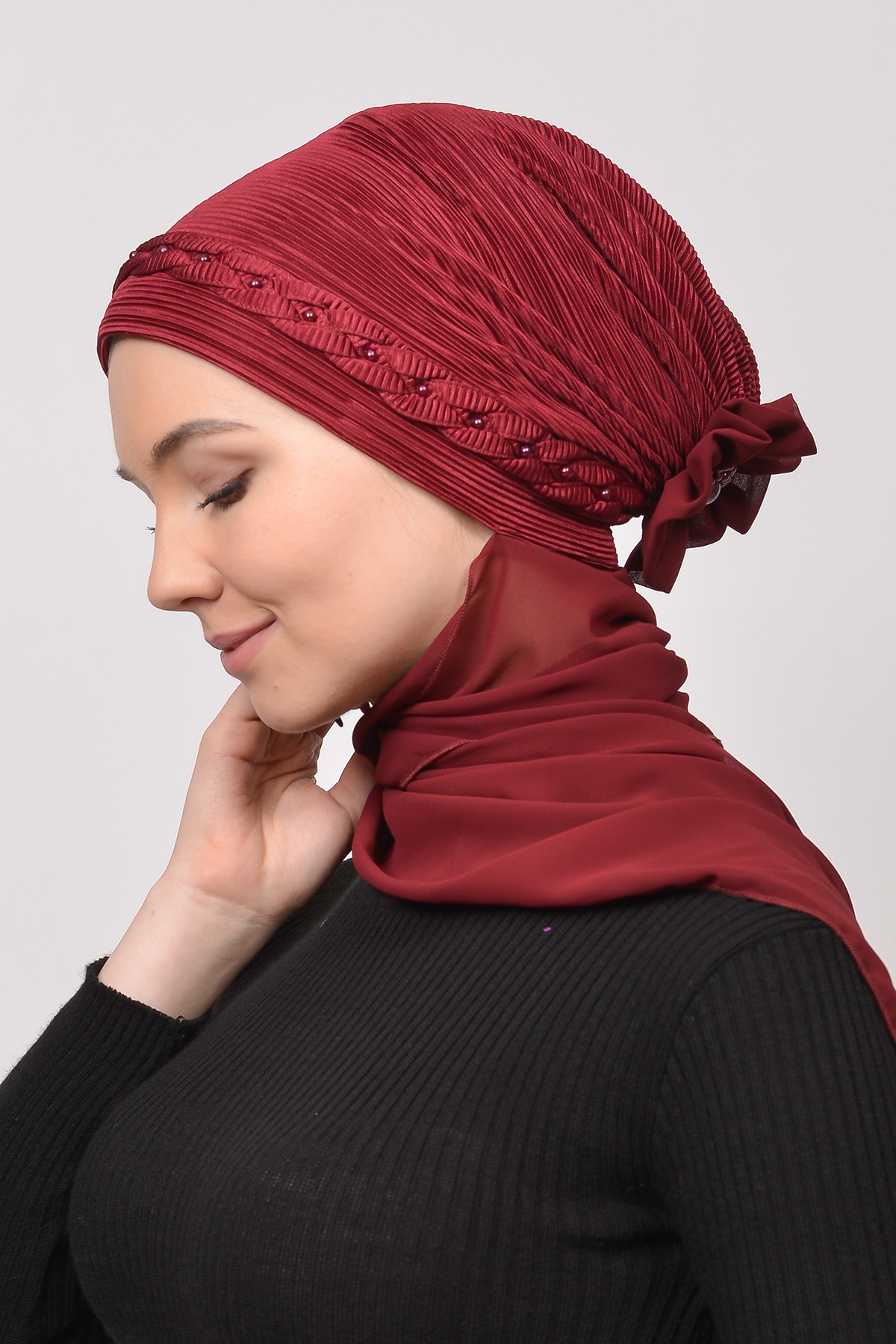 Pleated Braided Beaded Rose Satin Turban Shawl - Burgundy