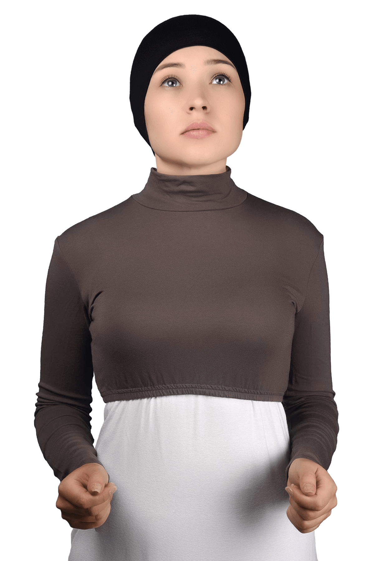 Uzun Kol Balıkçı Yaka Boğazlı Likralı Penye Kadın Yarım Body - Koyu Vizon