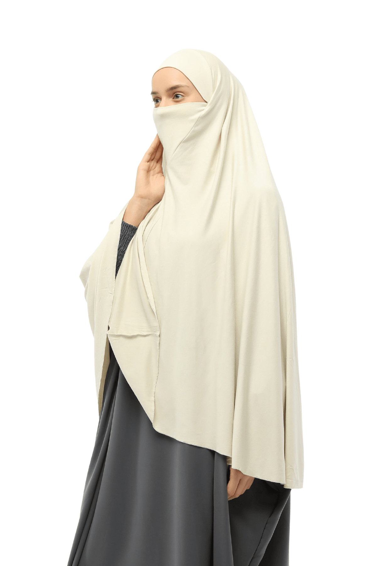 Hazır Türban Peçeli Pratik Eşarp Tesettür Nikaplı Hijab - Namaz Örtüsü Sufle (5XL) - Krem