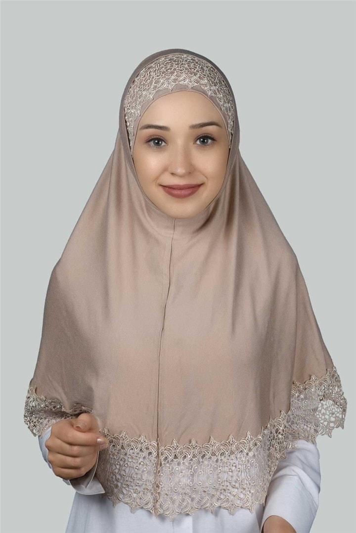 İkili Set Dantelli Pratik Eşarp Hazır Hijab ve Tesettür Bonesi XL - Açık Vizon