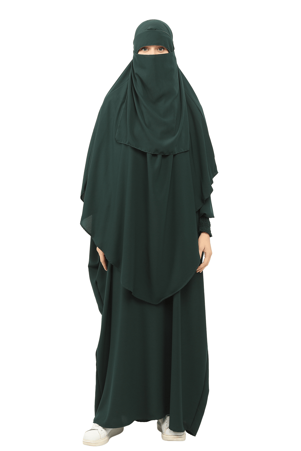 Sultanbaş Nikaplı Çarşaf Cilbab Khimar Abaya Kolu Lastikli Hakim Yaka Peçeli Ferace Medine İpek - Zümrüt Yeşili