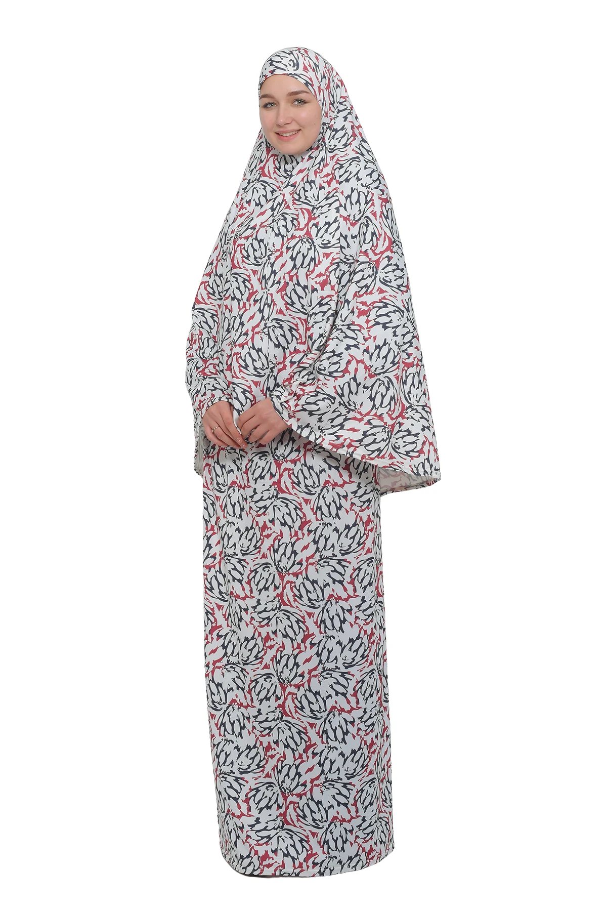 Pratik İki Parça Desenli Başörtülü Likralı Tesettür Namaz Elbisesi 991-06-0611 - Kırmızı