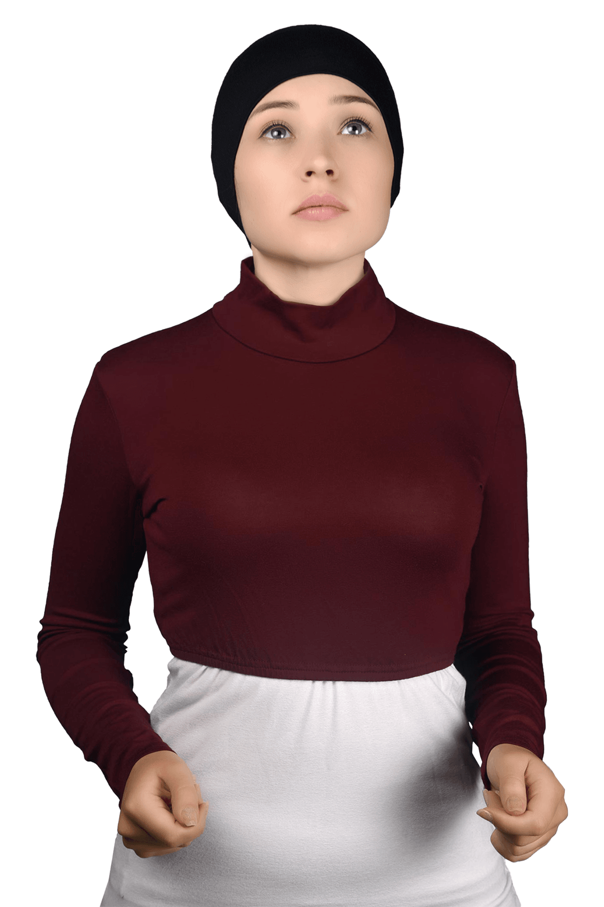 Uzun Kol Balıkçı Yaka Boğazlı Likralı Penye Kadın Yarım Body - Bordo