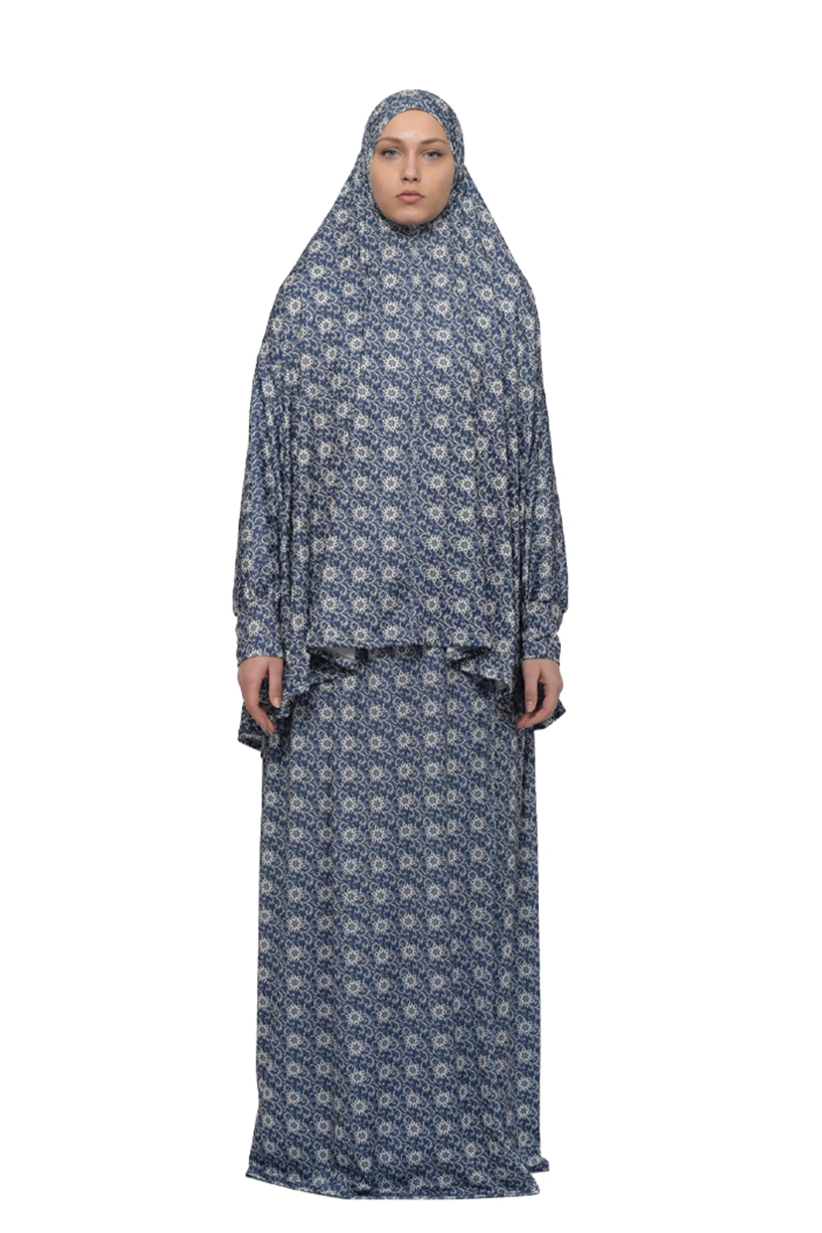 Two-Piece Sun Pattern Prayer Dress with Batwing Sleeves - Navy Blue