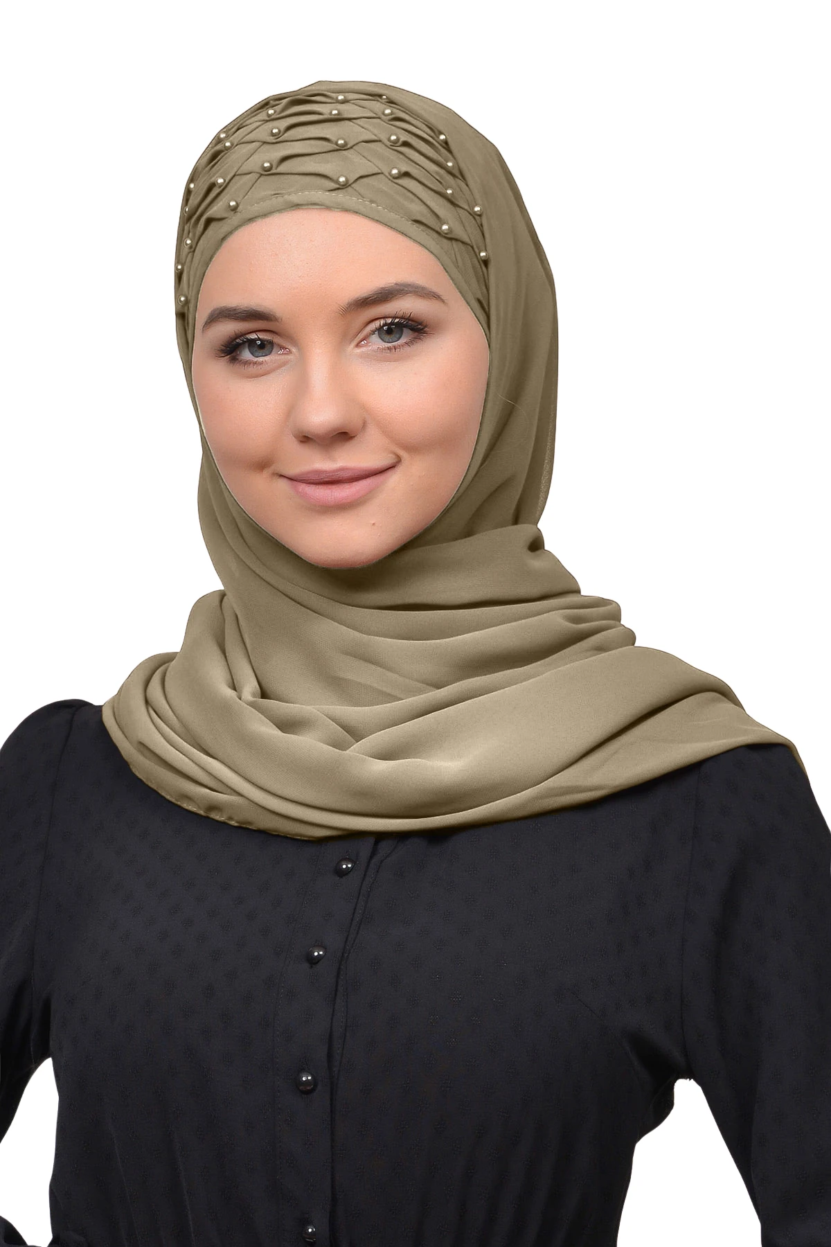 Nervure Beaded Chiffon Shawl - Versatile Wear - Dark Beige
