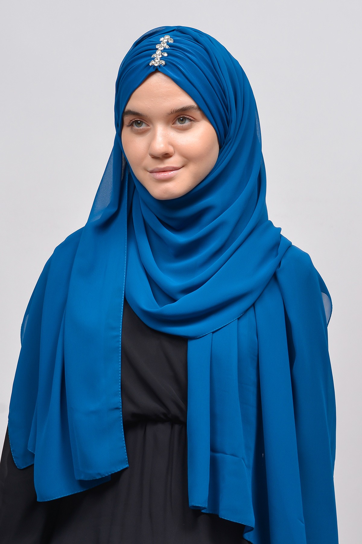 Stone Embellished Chiffon Shawl - Elegant & Practical - Light Petrol Color