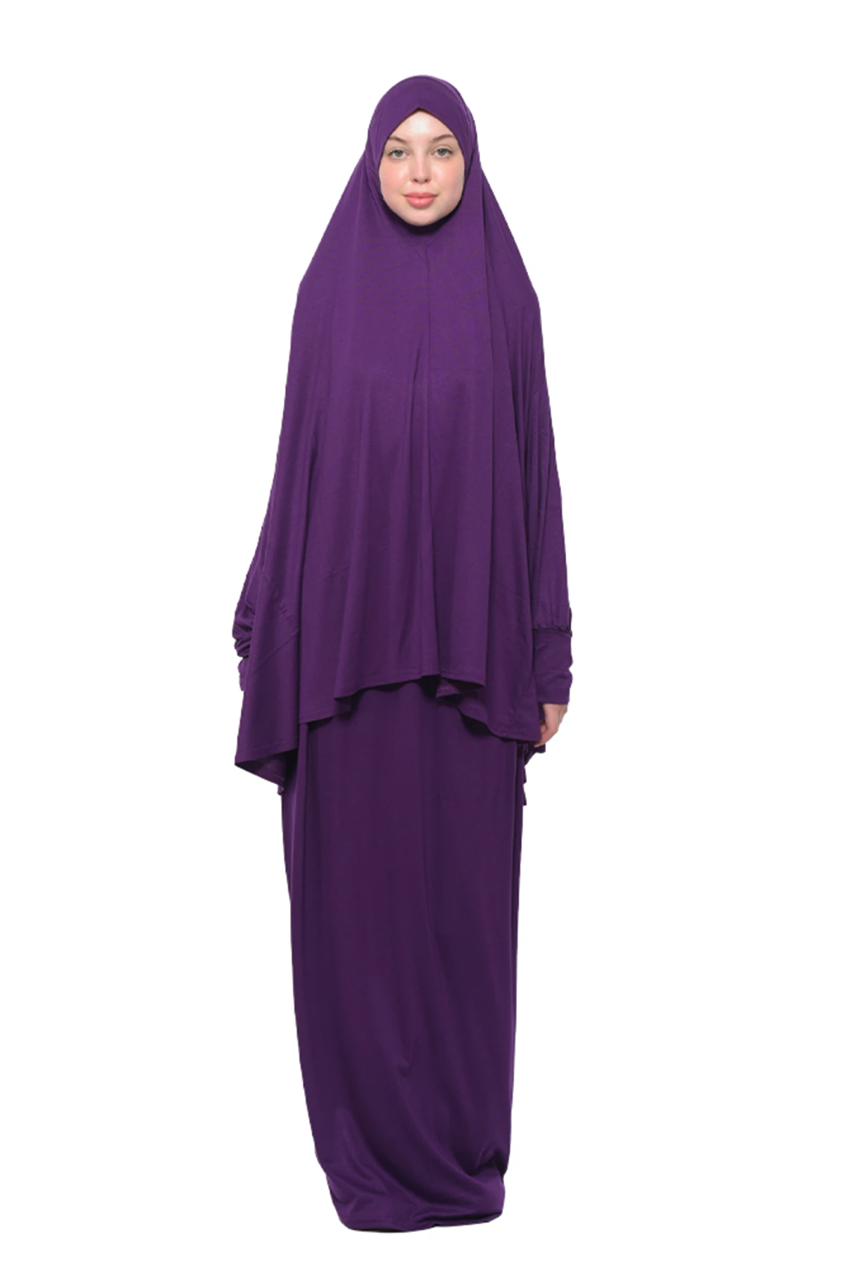 Pratik İki Parça Pamuklu Yarasa Kollu Başörtülü Organik Tesettür Namaz Elbisesi - Mürdüm