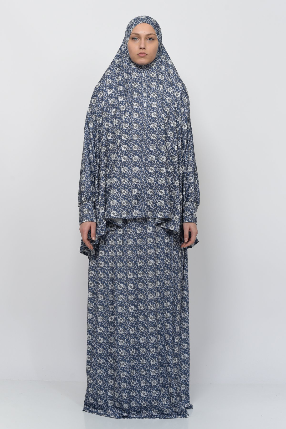 Two-Piece Sun Pattern Prayer Dress with Batwing Sleeves - Navy Blue