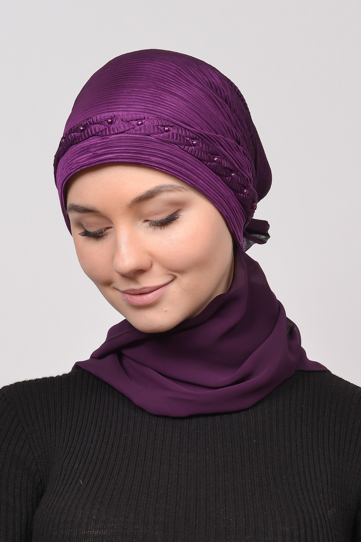 Pleated Braided Beaded Rose Satin Turban Shawl - Purple