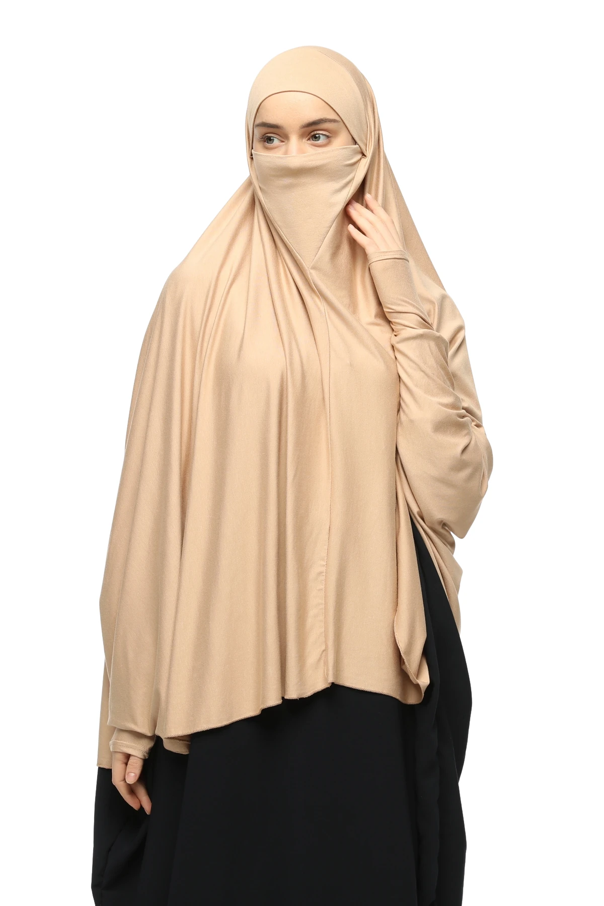 Kollu Sufle Çarşaf Üstü Peçeli Pratik Tesettür Hijab - Nikaplı Namaz Örtüsü - Koyu Bej