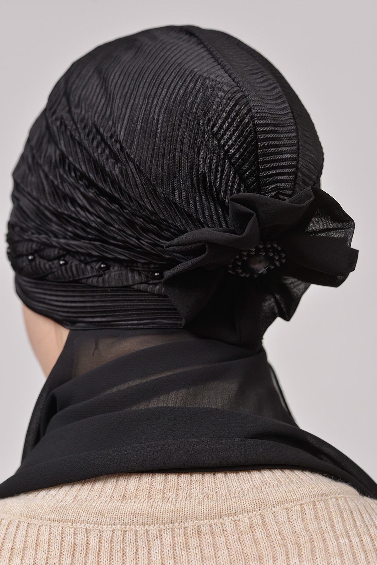 Pleated Braided Beaded Rose Satin Turban Shawl