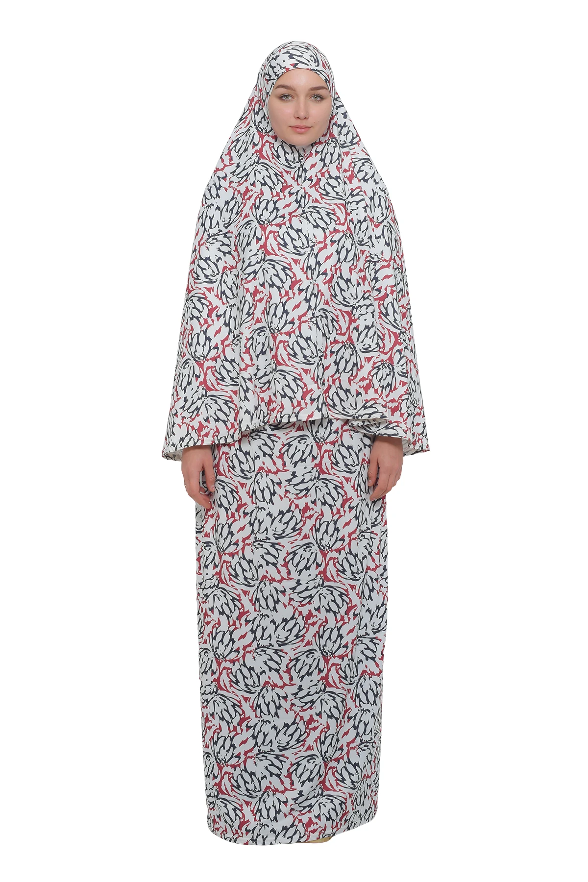 Pratik İki Parça Desenli Başörtülü Likralı Tesettür Namaz Elbisesi 991-06-0611