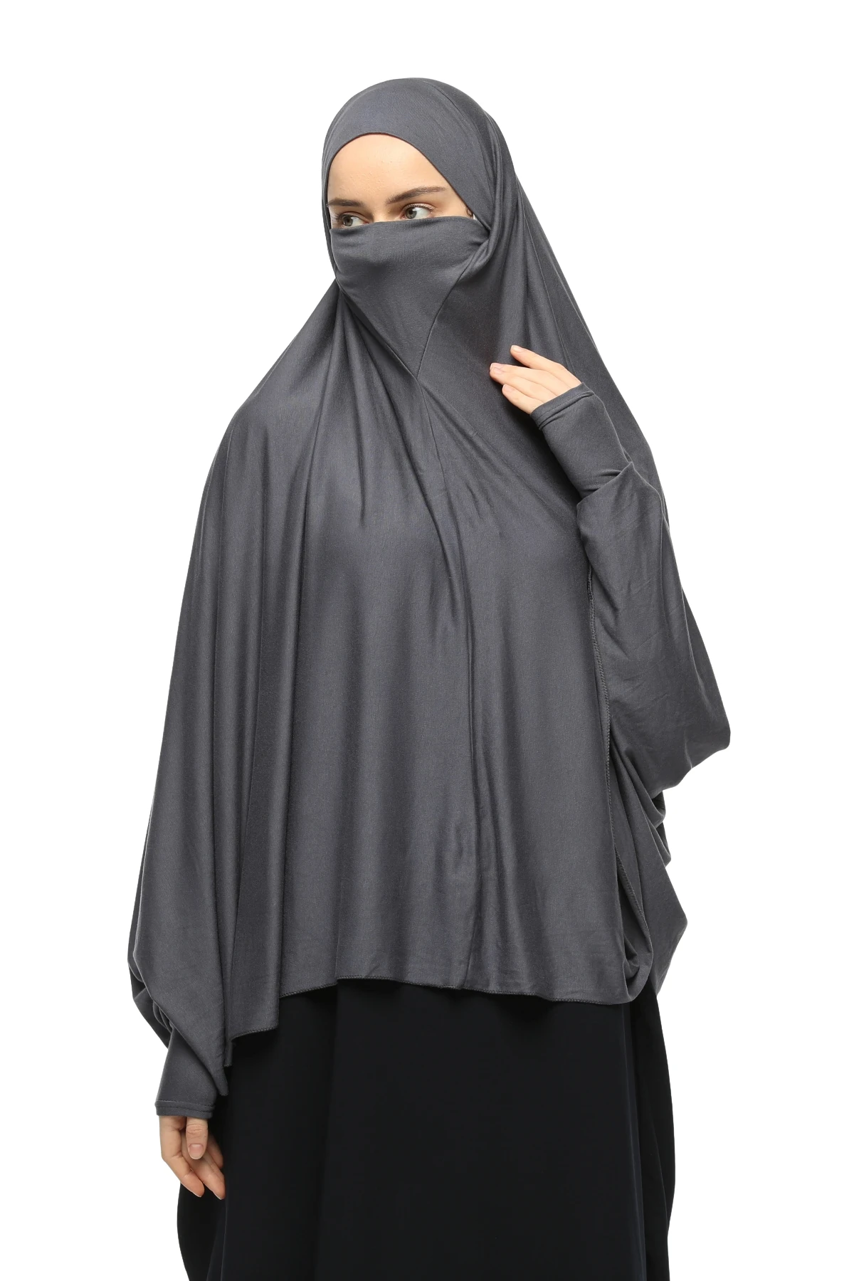 Kollu Sufle Çarşaf Üstü Peçeli Pratik Tesettür Hijab - Nikaplı Namaz Örtüsü - Füme