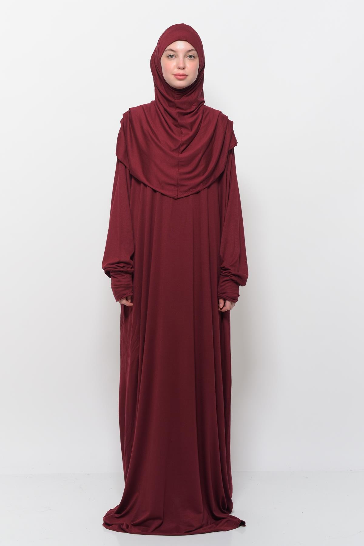 One-Piece Organic Cotton Hijab Prayer Dress  - Dark Burgundy