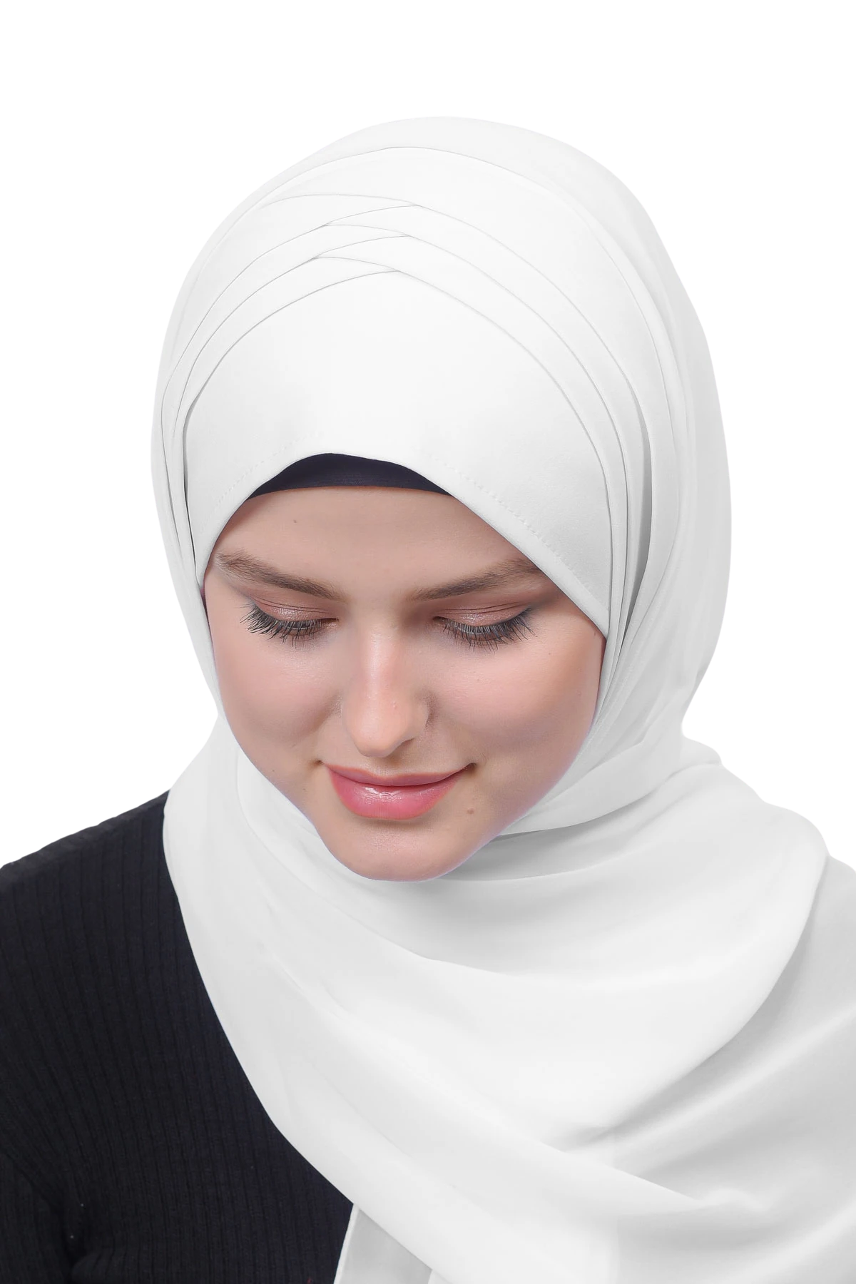 Pileli Çapraz Tela Bantlı Pratik Tesettür Şifon Şal