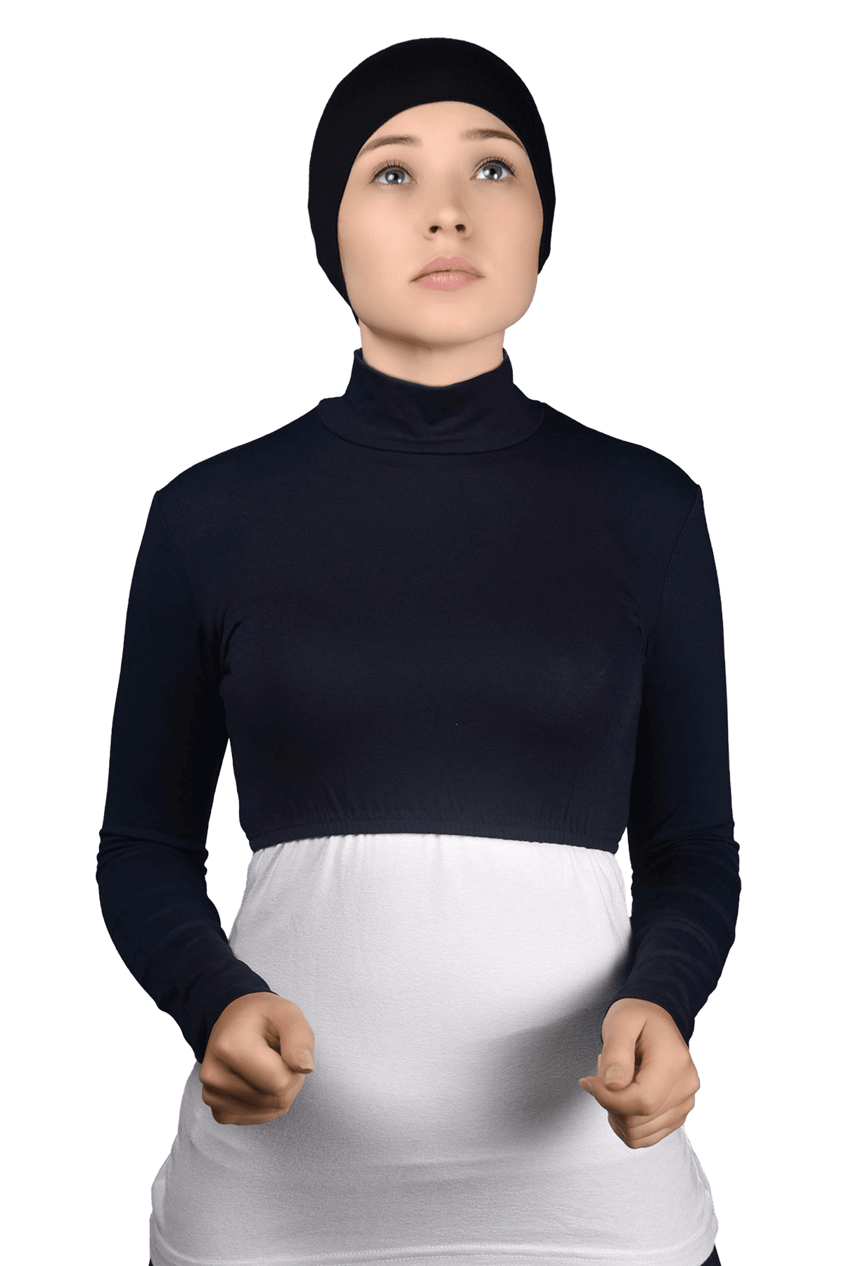 Uzun Kol Balıkçı Yaka Boğazlı Likralı Penye Kadın Yarım Body - Lacivert