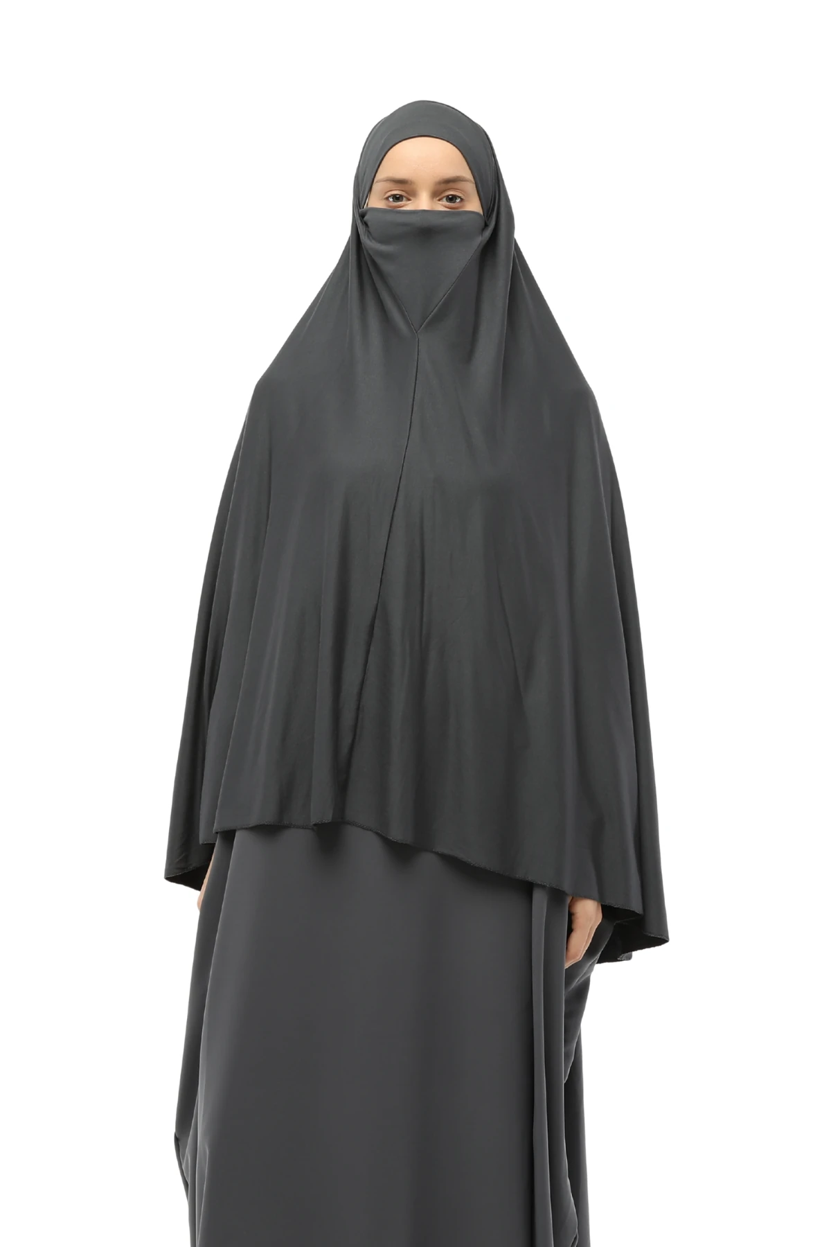 Hazır Türban Peçeli Pratik Eşarp Tesettür Nikaplı Hijab - Namaz Örtüsü Sufle (5XL) - Füme