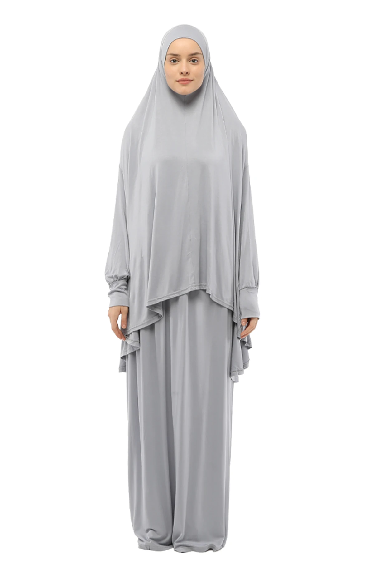 Pratik İki Parça Pamuklu Yarasa Kollu Başörtülü Organik Tesettür Namaz Elbisesi - Gri