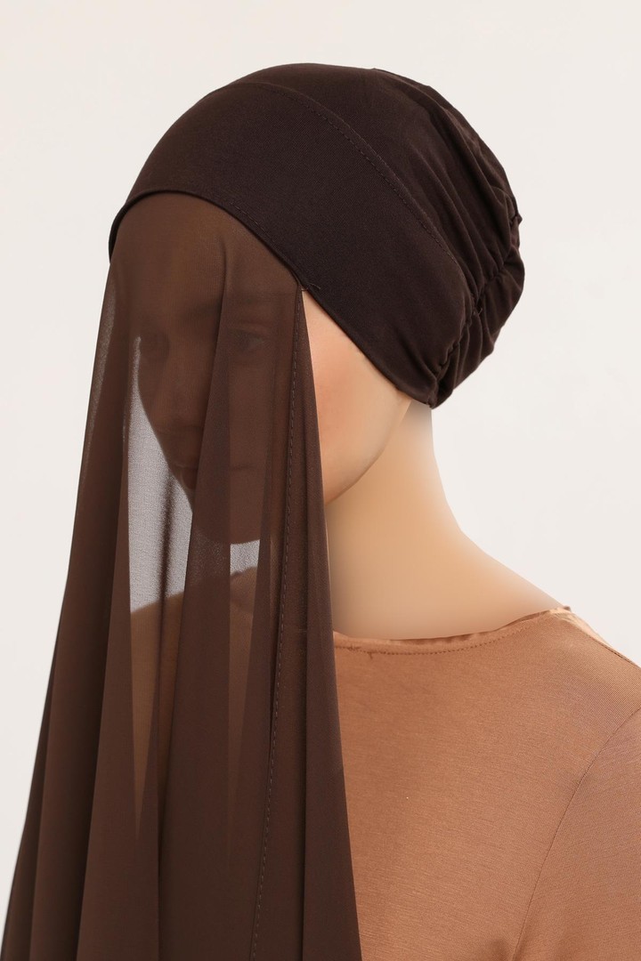 Practical Bonnet and Chiffon Shawl Set - Brown