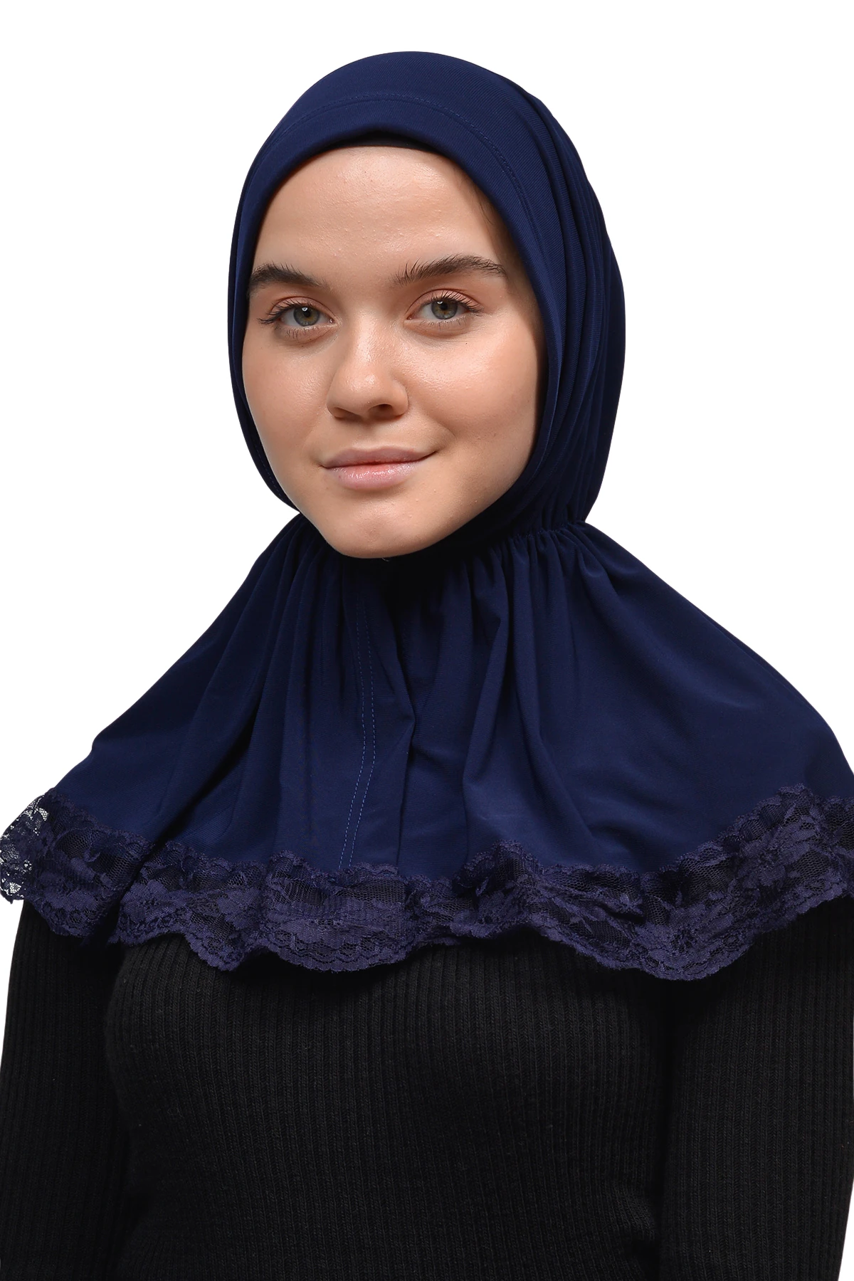 Lace Elastic Shirred Hijab - Comfortable and Stylish  - Navy Blue