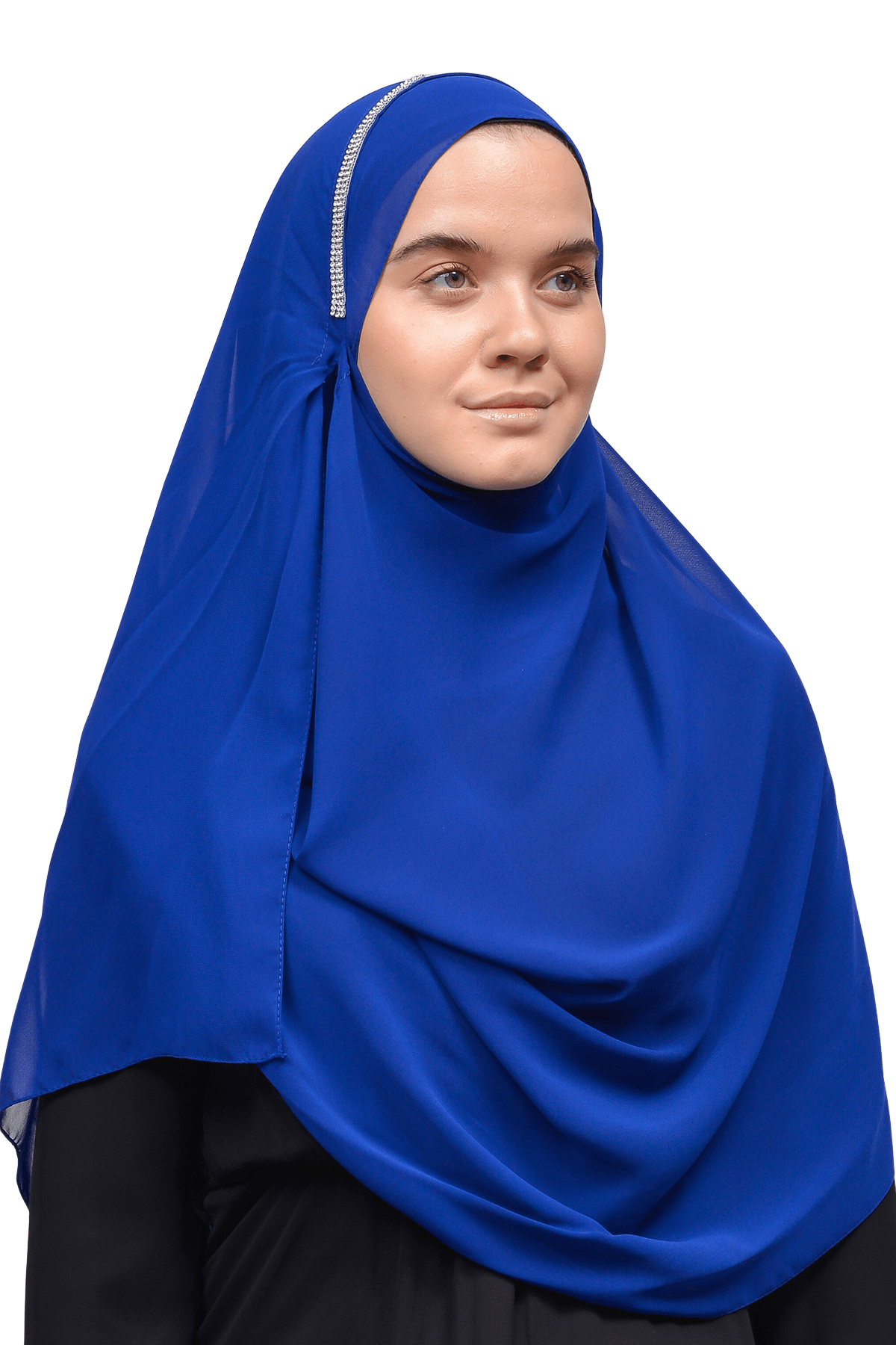 Elegant Chiffon Shawl with Pearl Stone Decorations - Sax Blue