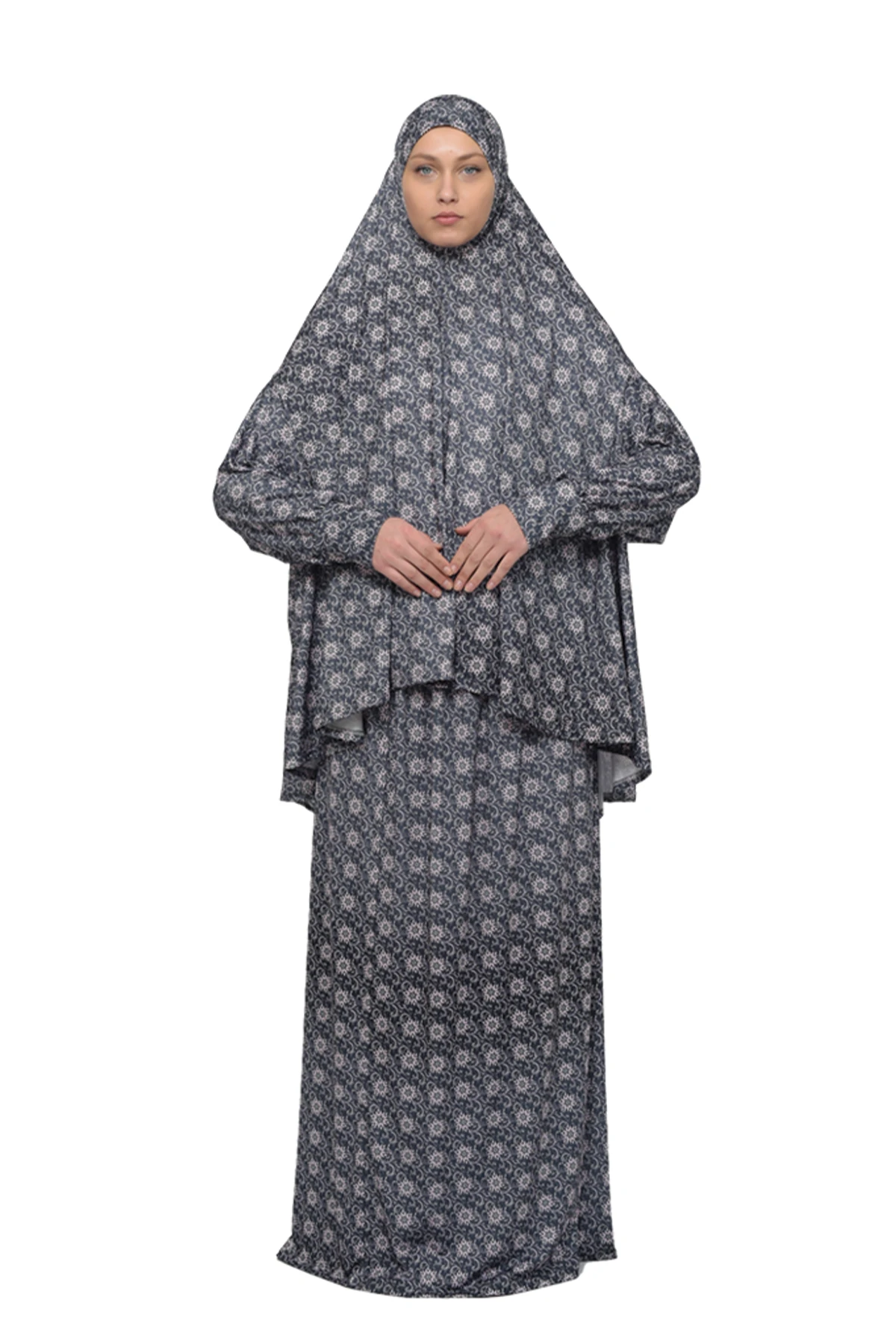 Pratik İki Parça Güneş Desenli Yarasa Kollu Başörtülü Likralı Tesettür Namaz Elbisesi 992-0302