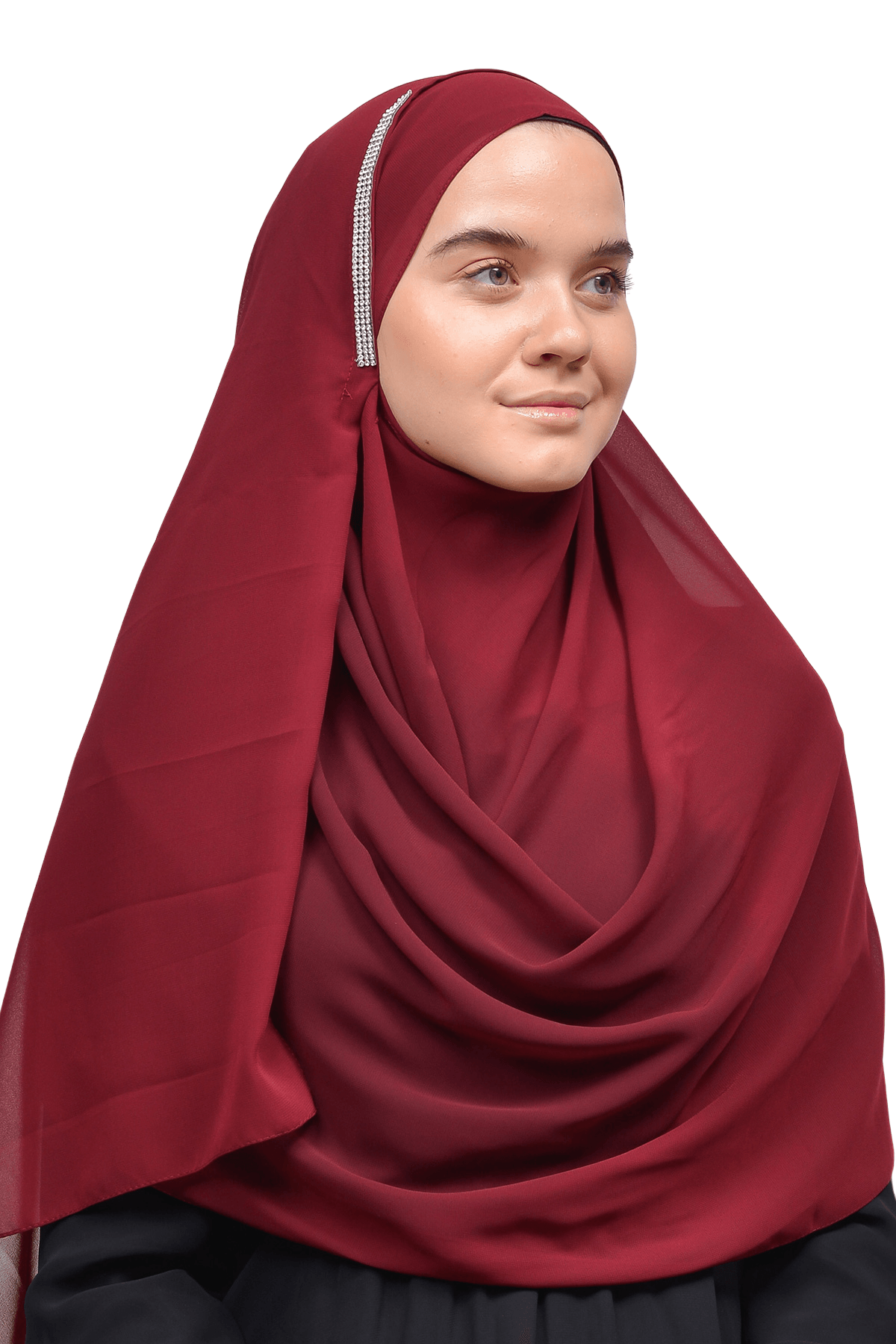 Hazır Pratik Taşlı Malezya Tesettür Şifon Şal - Koyu Bordo