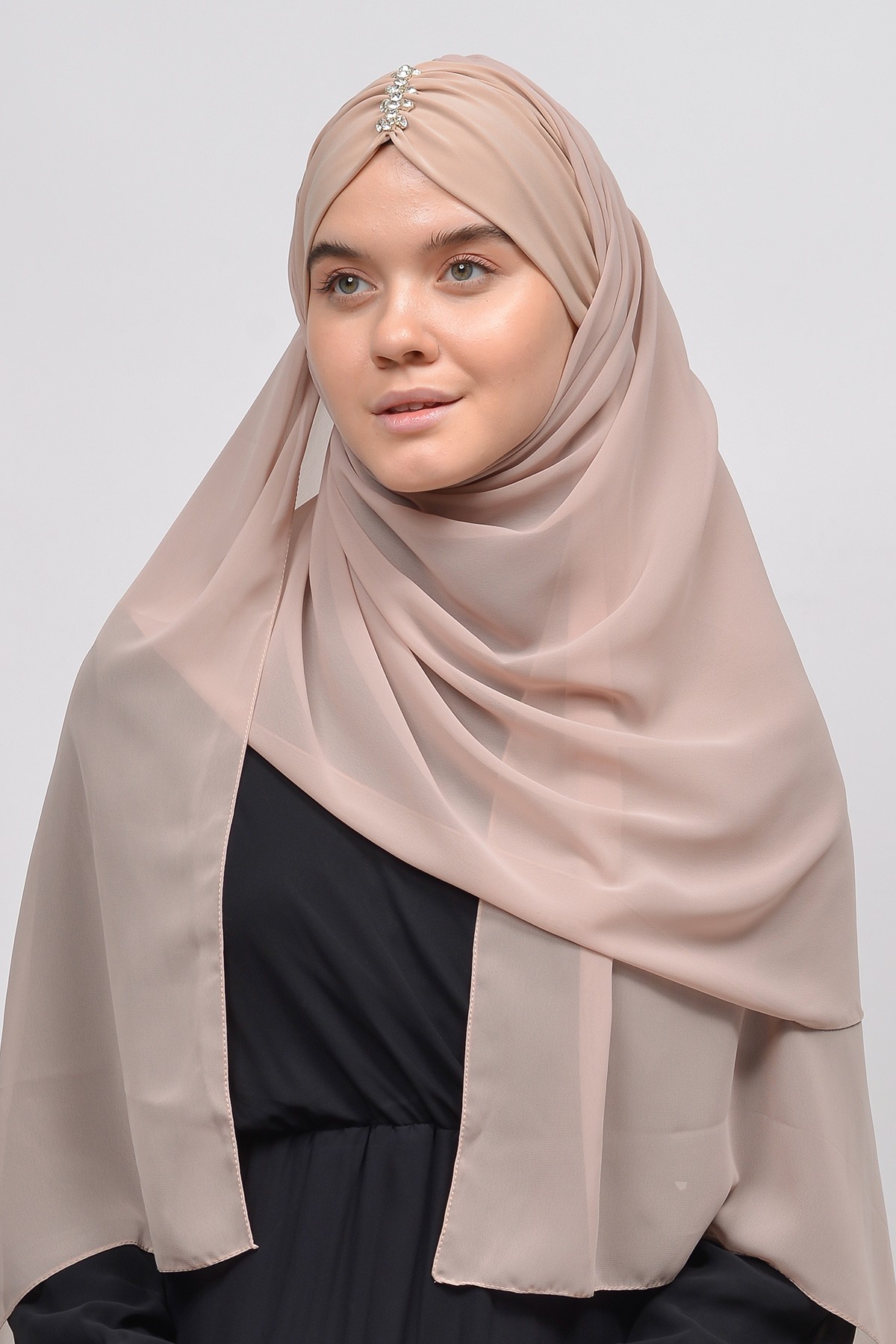 Stone Embellished Chiffon Shawl - Elegant & Practical - Light Latte