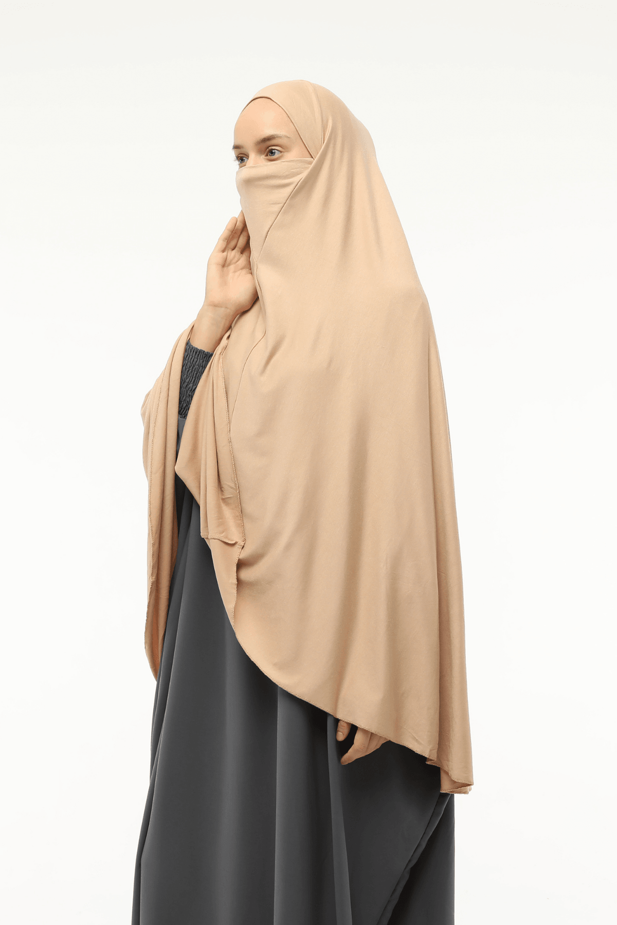 Hazır Türban Peçeli Pratik Eşarp Tesettür Nikaplı Hijab - Namaz Örtüsü Sufle (5XL) - Koyu Bej