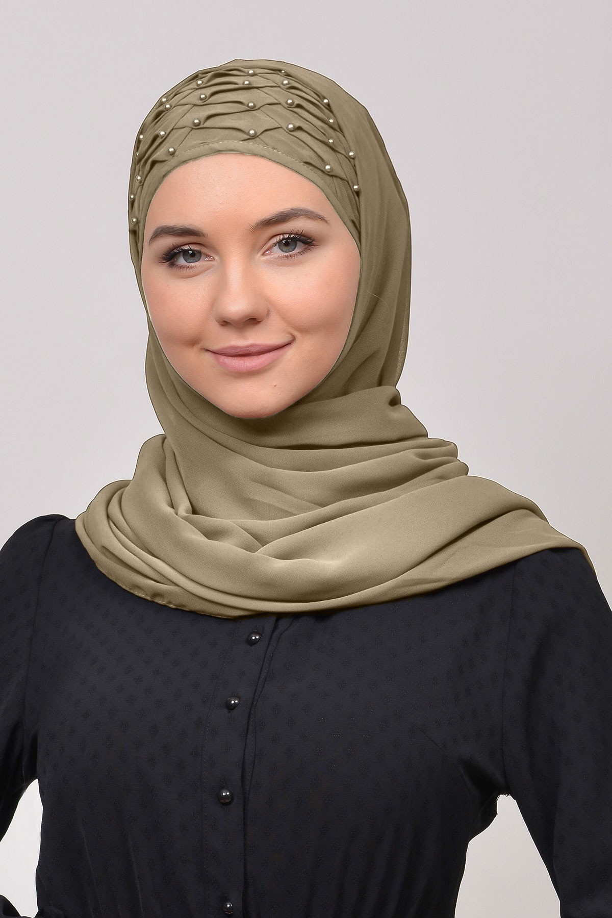 Nervure Beaded Chiffon Shawl - Versatile Wear - Dark Beige