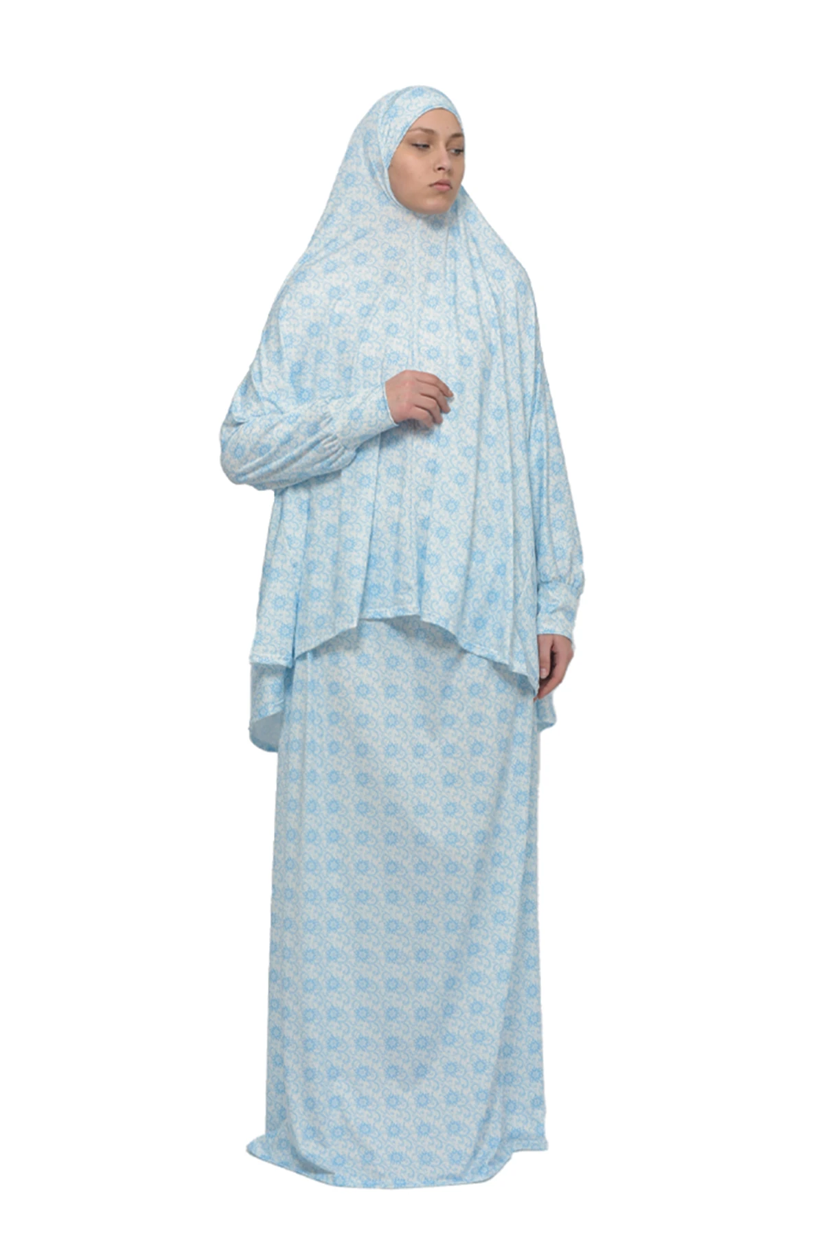 Two-Piece Sun Pattern Prayer Dress with Batwing Sleeves - Blue