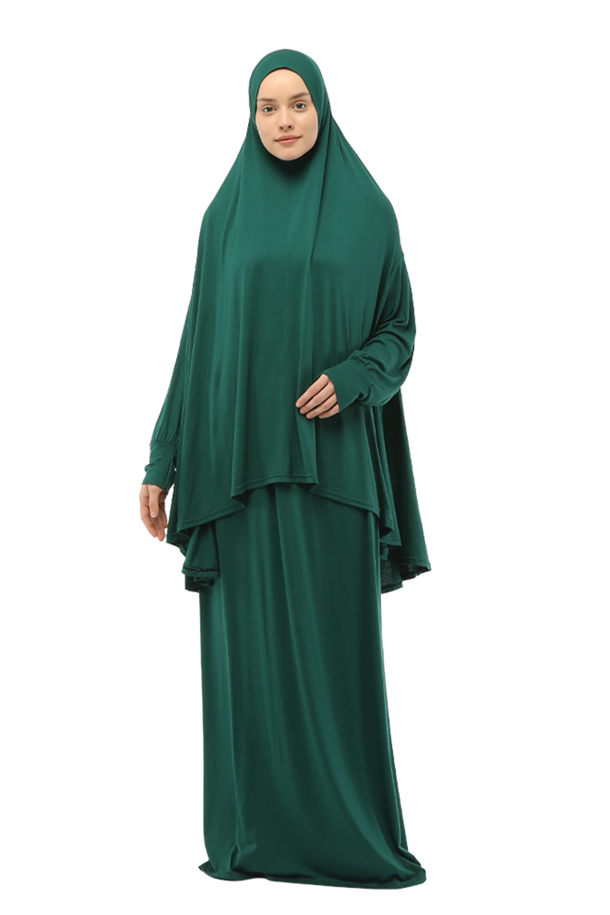 Pratik İki Parça Pamuklu Yarasa Kollu Başörtülü Organik Tesettür Namaz Elbisesi