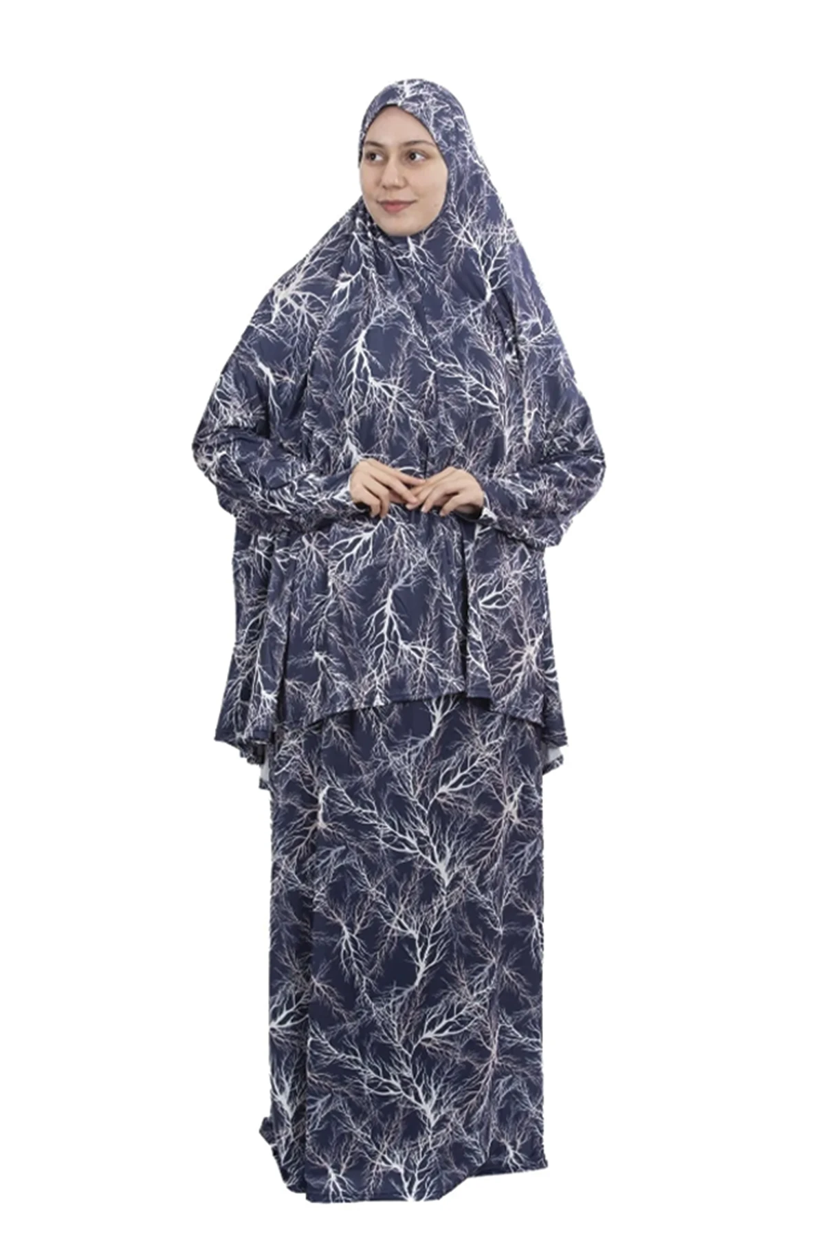 Two-Piece Elastic Skirt & Batwing Sleeve Tree Pattern Prayer Dress - Navy Blue