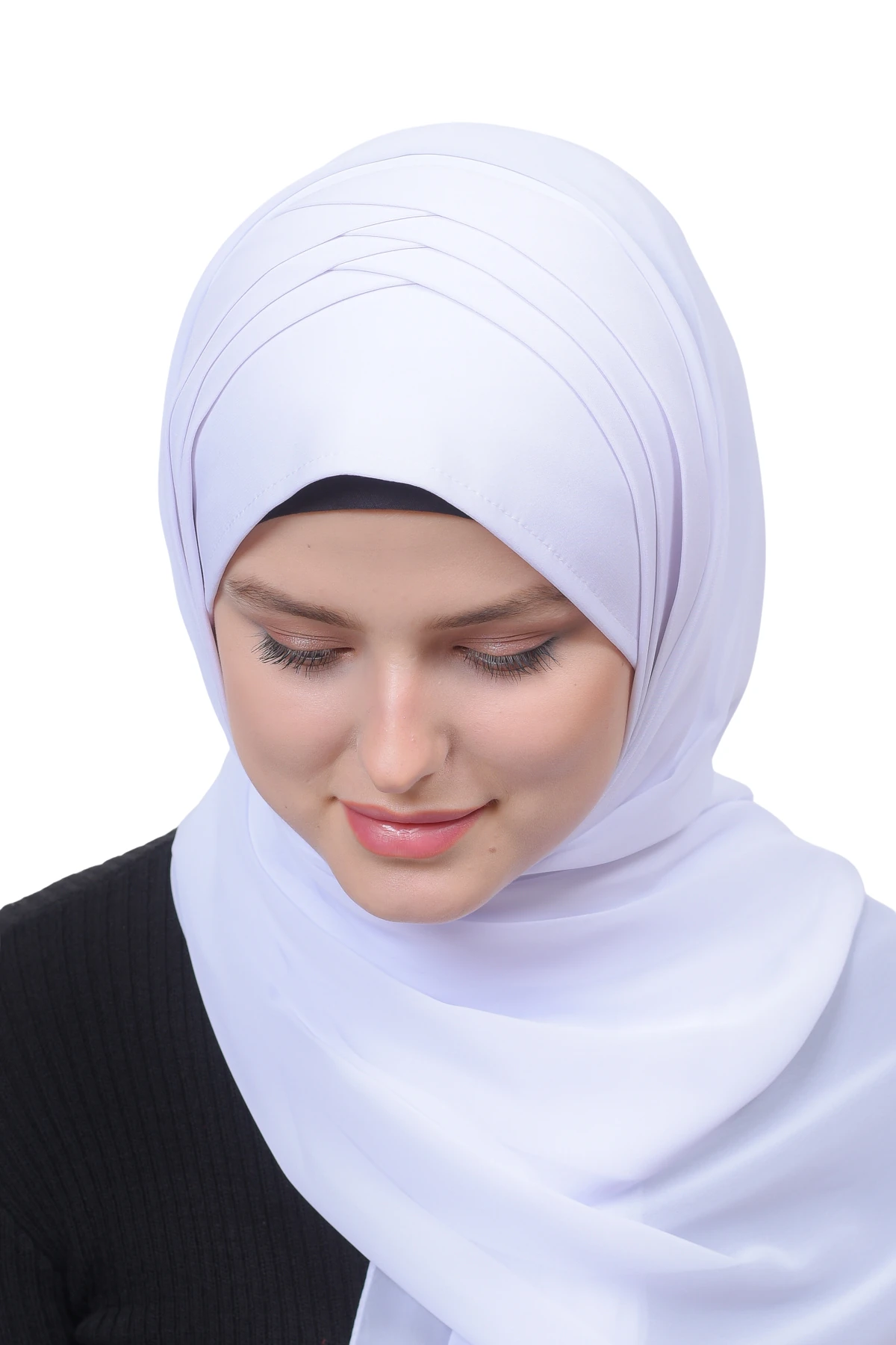 Pileli Çapraz Tela Bantlı Pratik Tesettür Şifon Şal