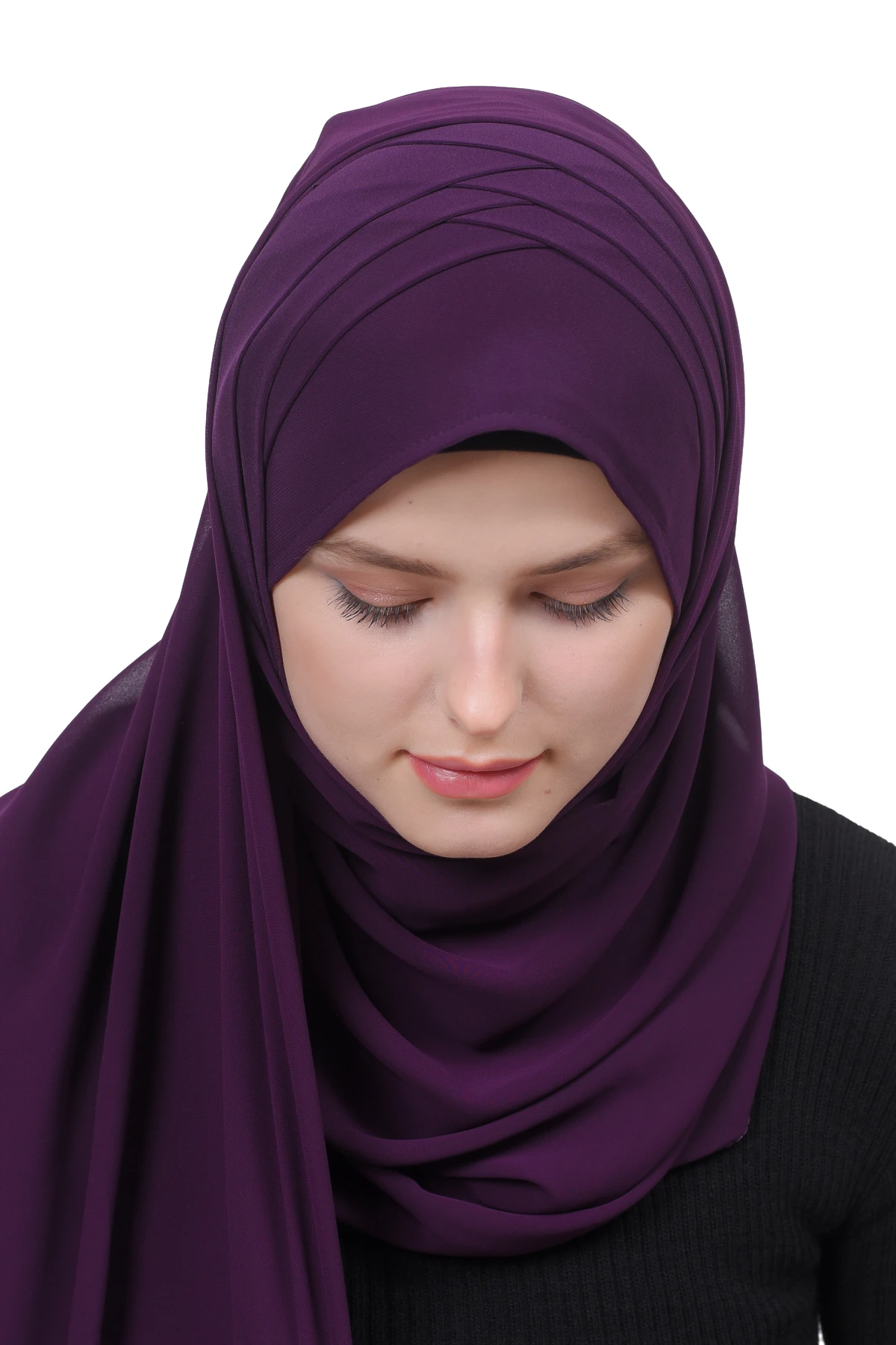 Pileli Çapraz Tela Bantlı Pratik Tesettür Şifon Şal