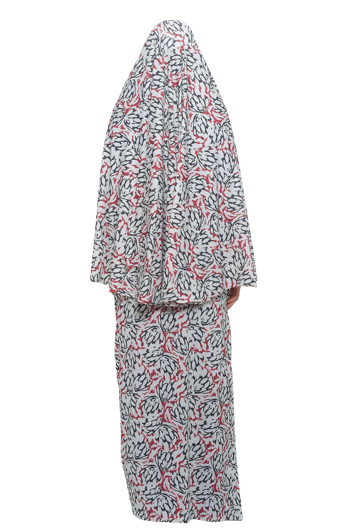 Pratik İki Parça Desenli Başörtülü Likralı Tesettür Namaz Elbisesi 991-06-0611