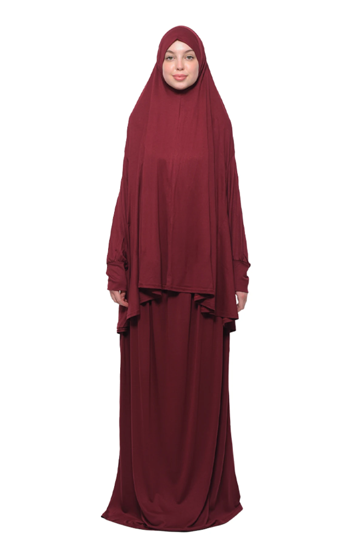 Pratik İki Parça Pamuklu Yarasa Kollu Başörtülü Organik Tesettür Namaz Elbisesi - Koyu Bordo