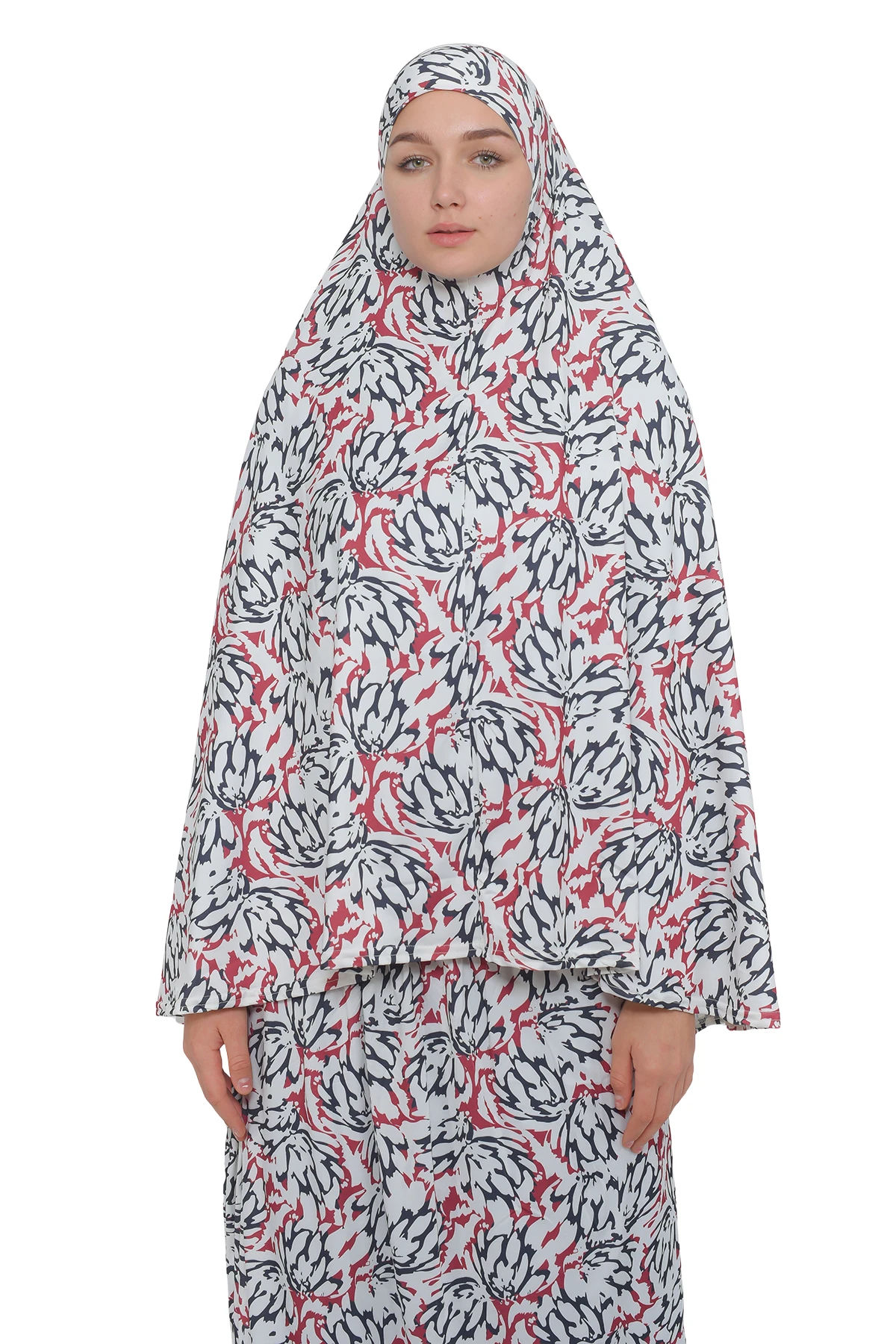 Pratik İki Parça Desenli Başörtülü Likralı Tesettür Namaz Elbisesi 991-06-0611