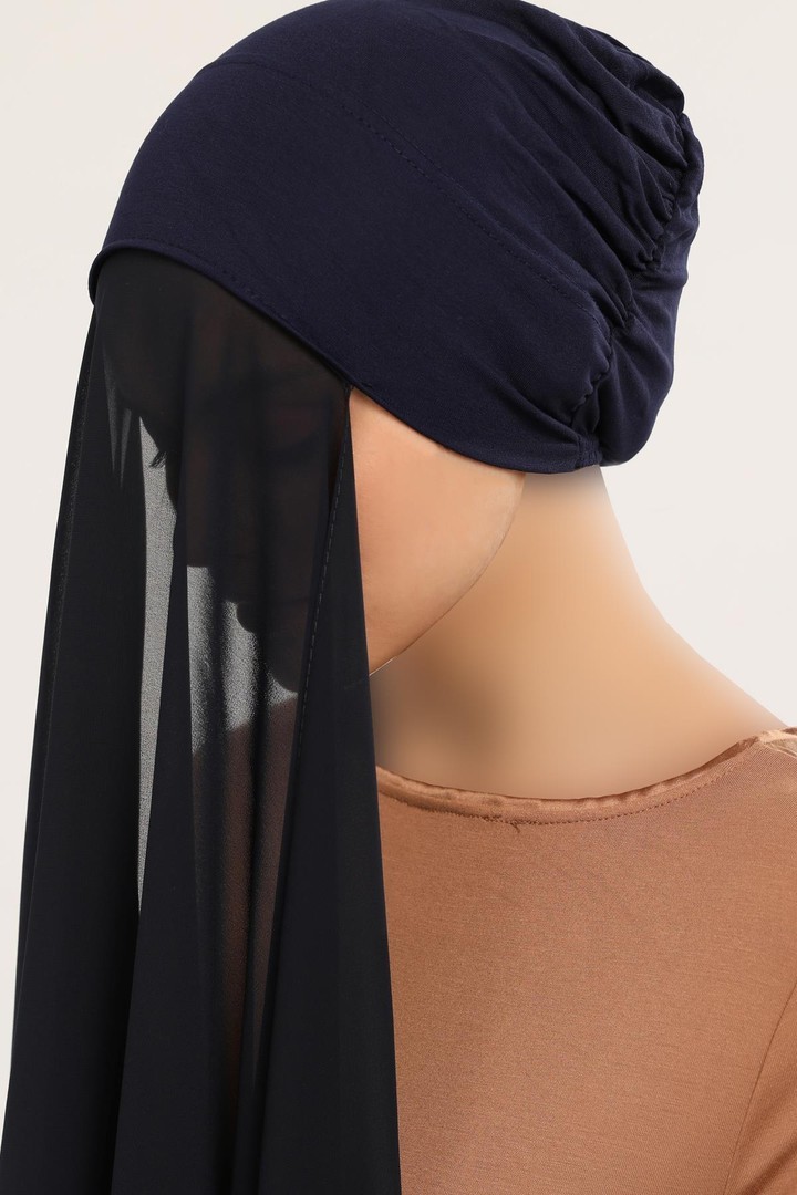 Practical Bonnet and Chiffon Shawl Set - Navy Blue