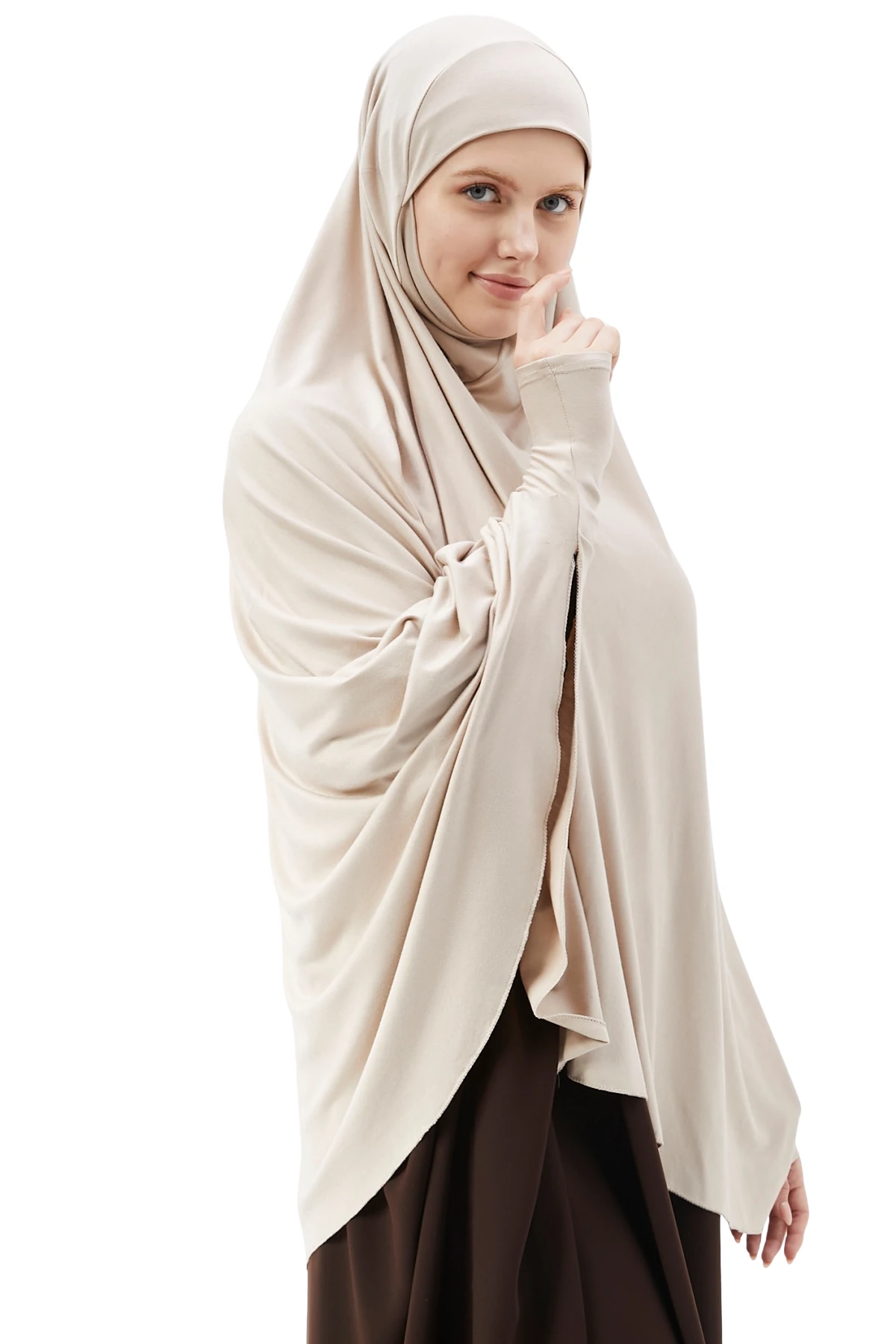 Kollu Sufle Çarşaf Üstü Peçeli Pratik Tesettür Hijab - Nikaplı Namaz Örtüsü - Koyu Krem