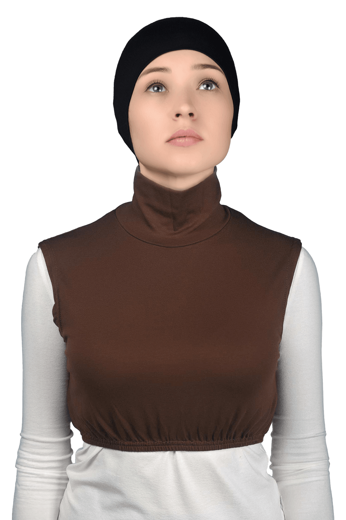 Sıfır Kol Balıkçı Yaka Tam Boğazlı Likralı Penye Kadın Yarım Body - Çikolata