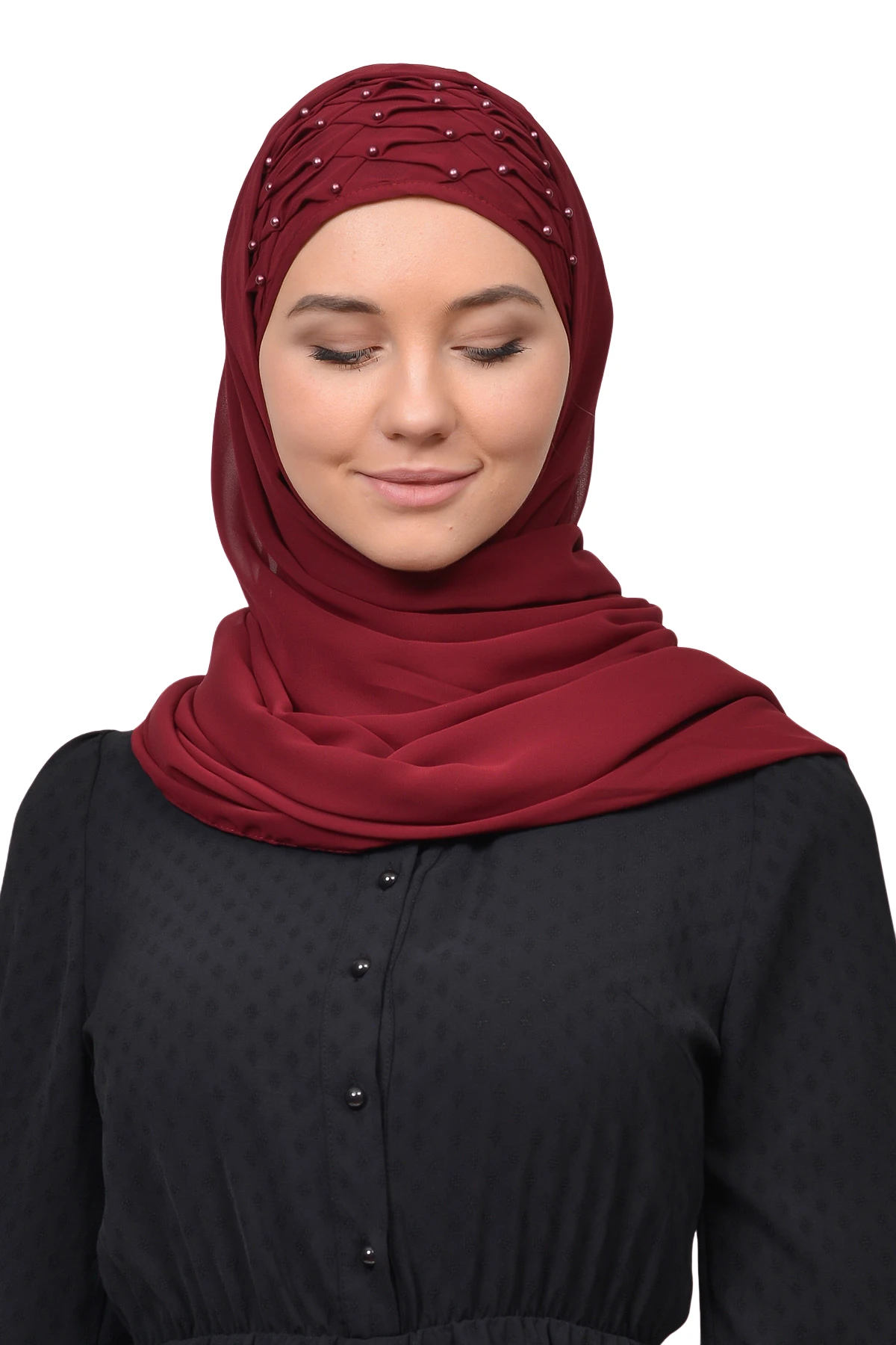 Nervure Beaded Chiffon Shawl - Versatile Wear - Dark Burgundy