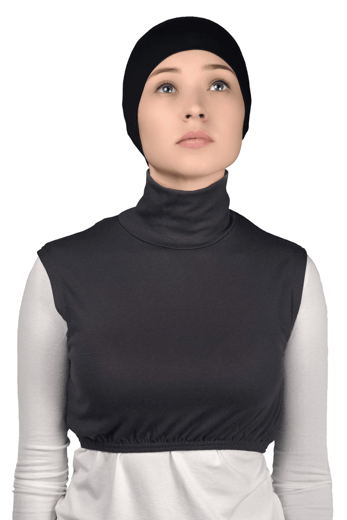 Sıfır Kol Balıkçı Yaka Tam Boğazlı Likralı Penye Kadın Yarım Body - Füme
