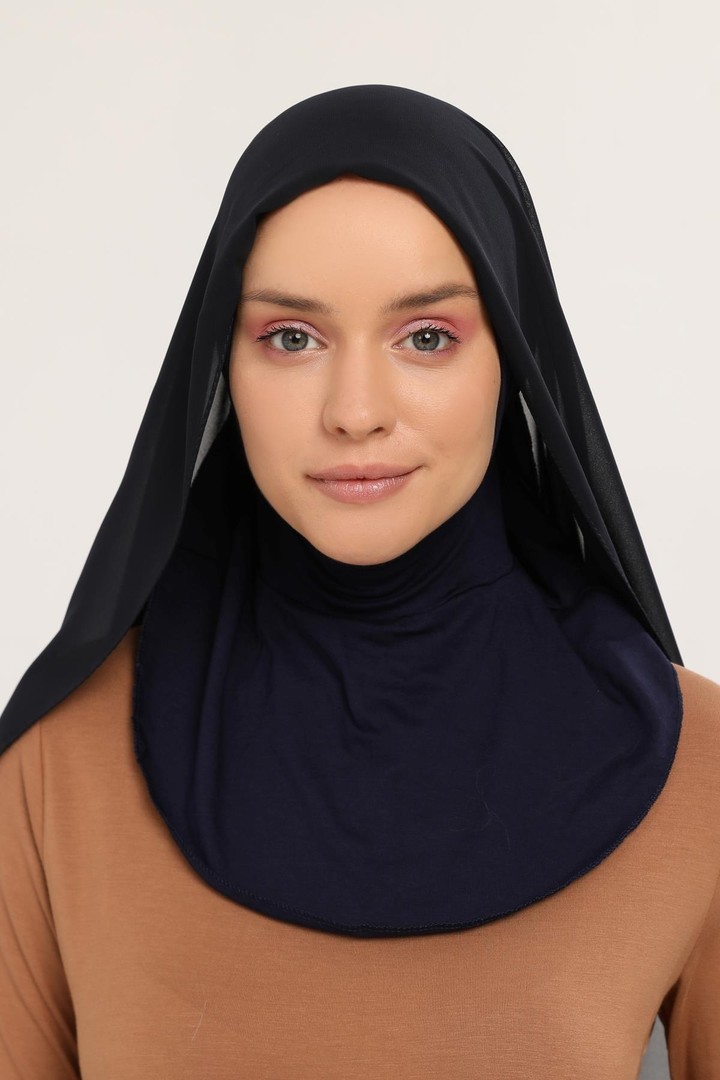 Ready-to-Wear Chiffon Shawl with Bonnet - Navy Blue