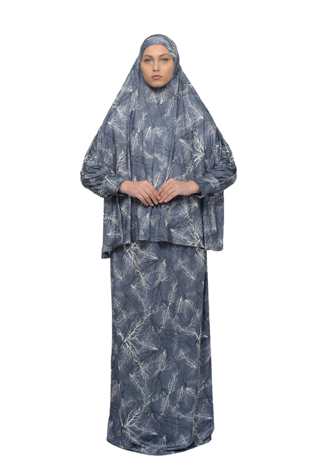 Two-Piece Elastic Skirt & Batwing Sleeve Tree Pattern Prayer Dress - Grey